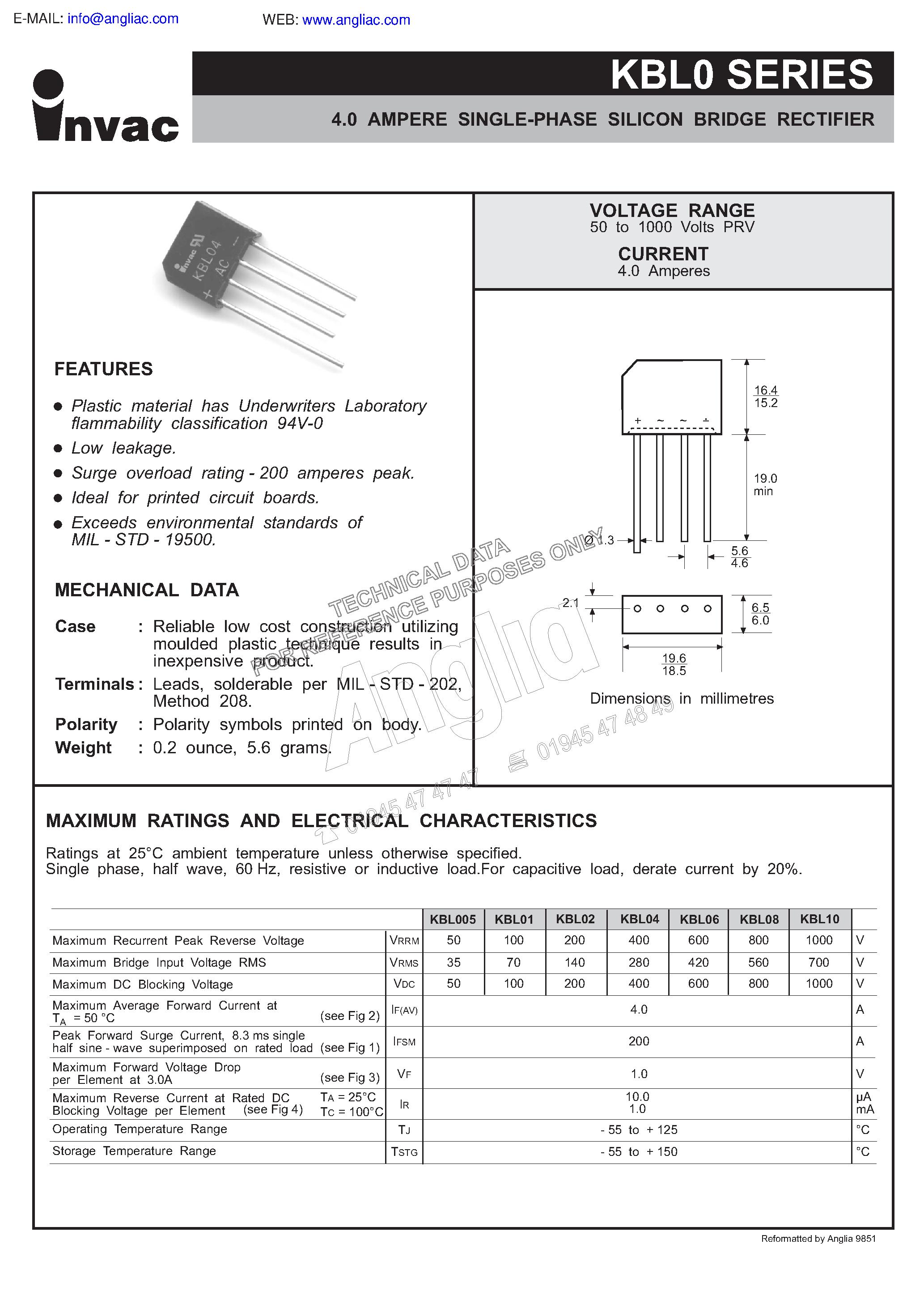Даташит KBL0 - 4.0 AMPERE SINGLE-PHASE SILICON BRIDGE RECTIFIER страница 1