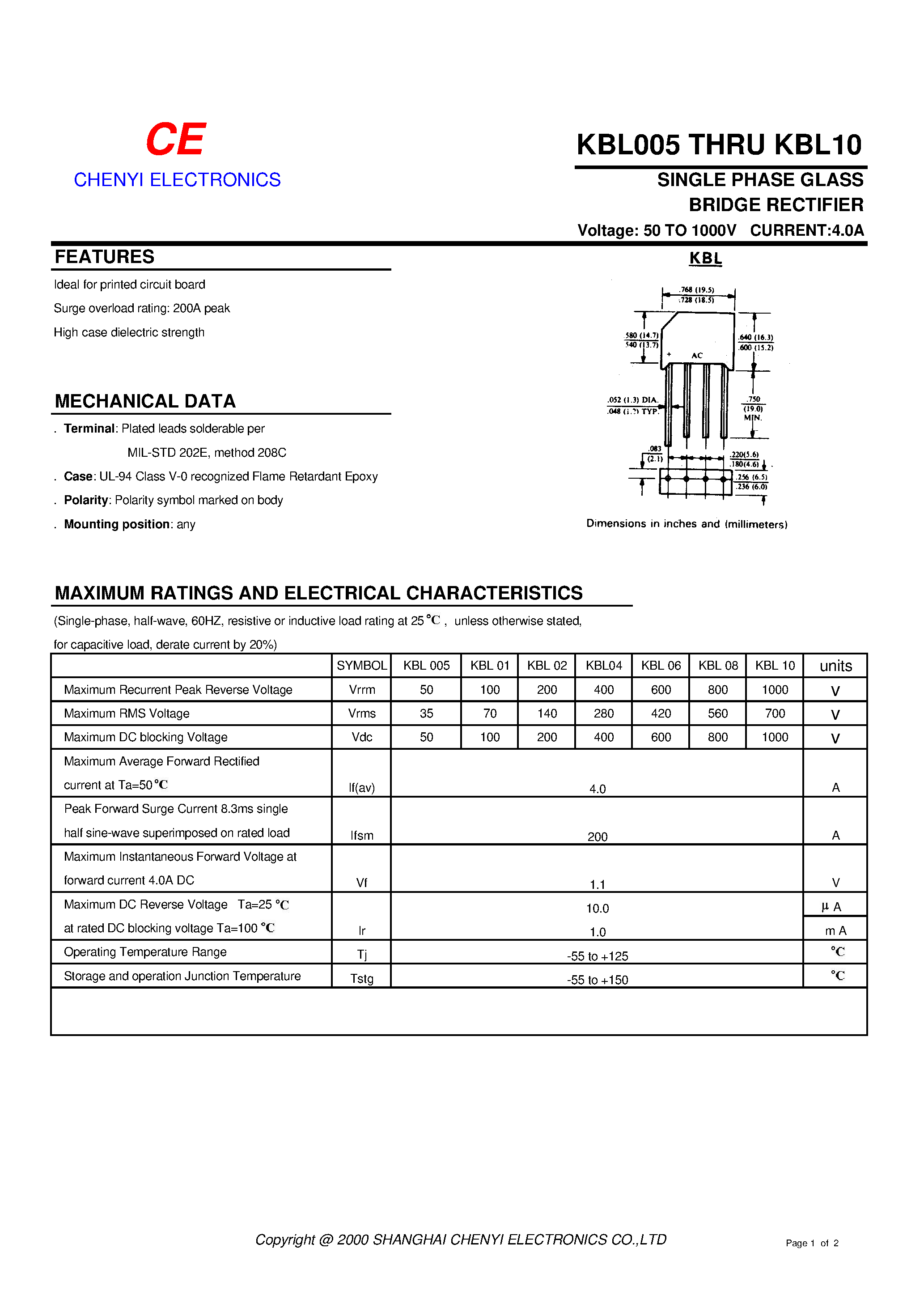 Datasheet KBL005 - SINGLE PHASE GLASS BRIDGE RECTIFIER page 1