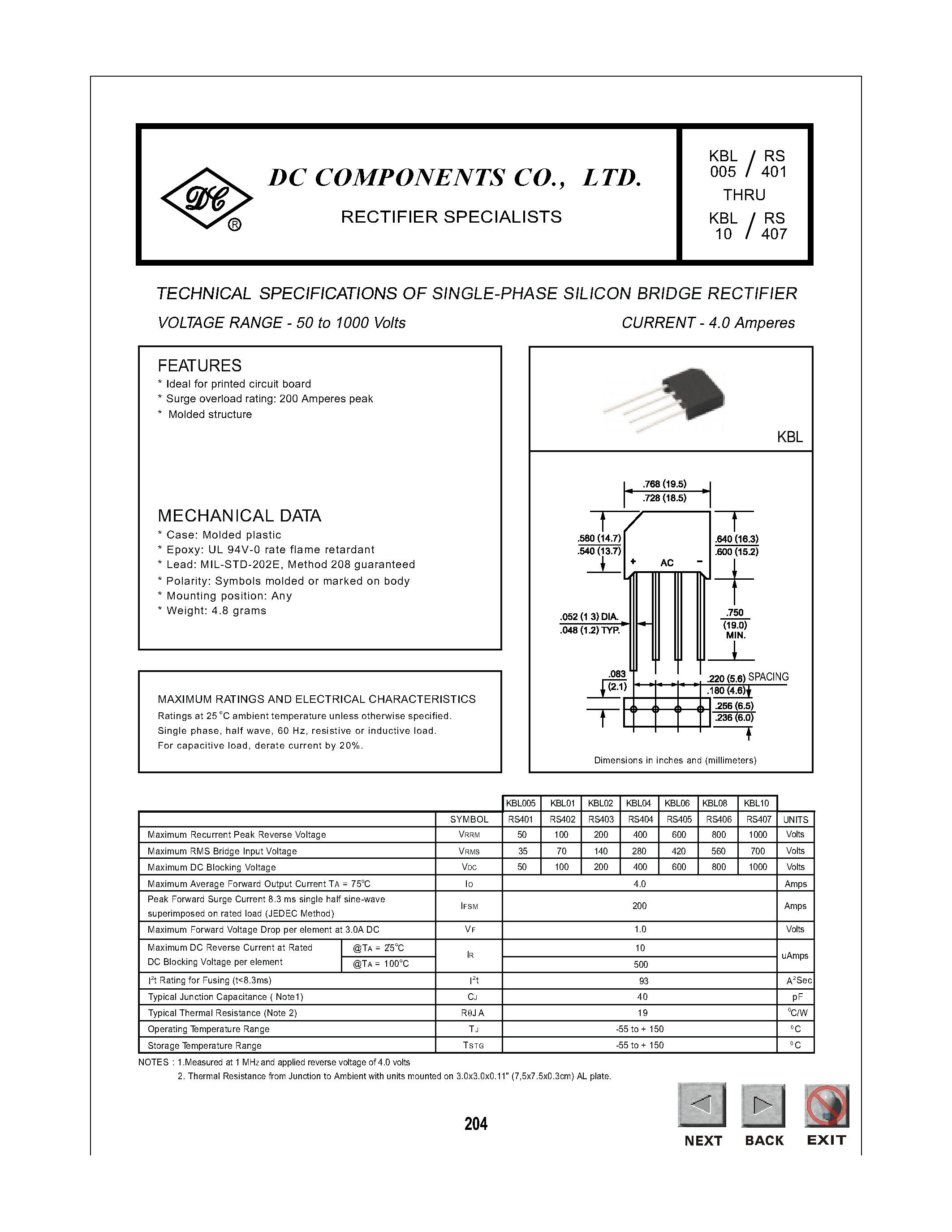 Даташит KBL005 - TECHNICAL SPECIFICATIONS OF SINGLE-PHASE SILICON BRIDGE RECTIFIER страница 1