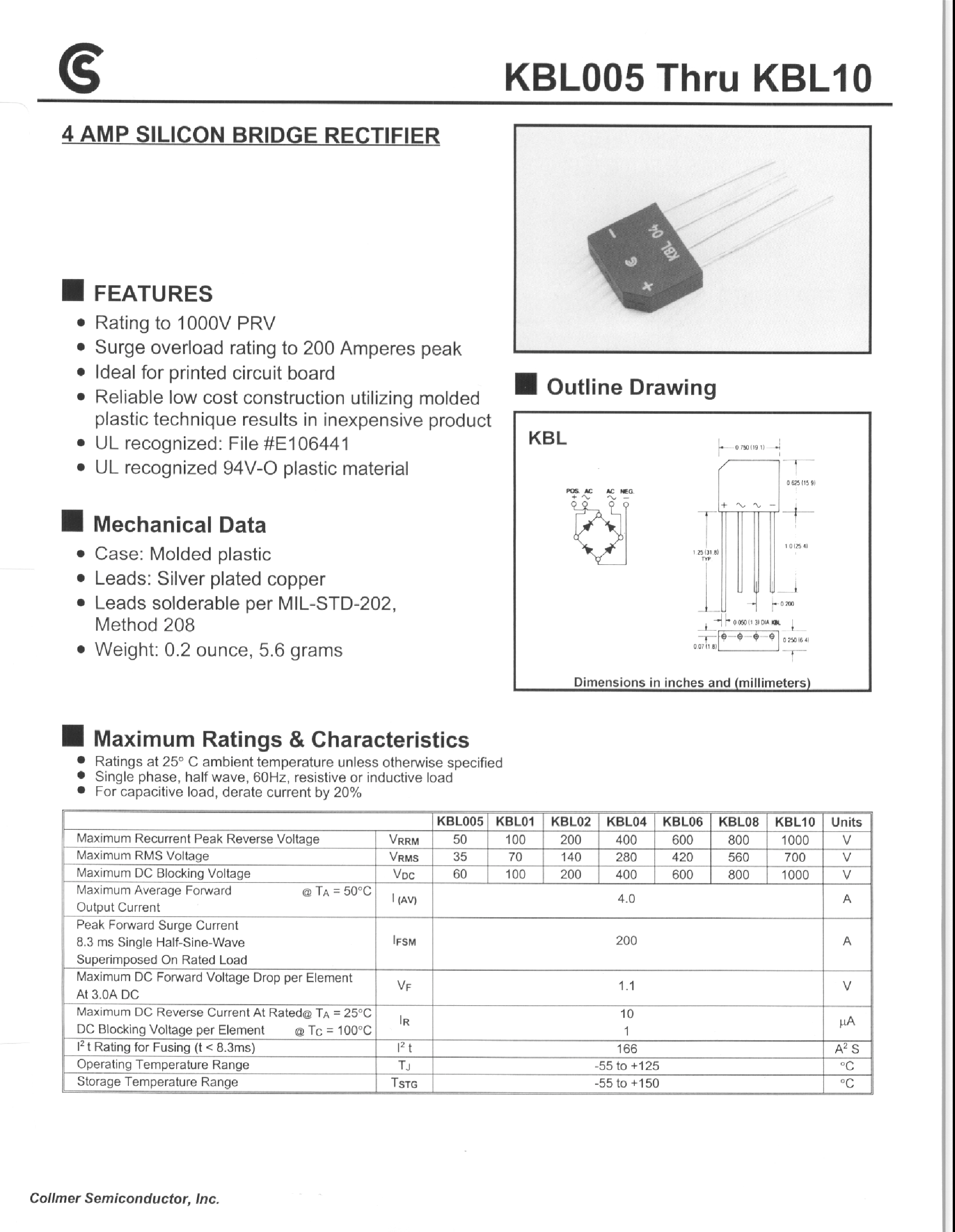 Datasheet KBL005 - 4 AMP SILICON BRIDGE RECTIFIER page 1