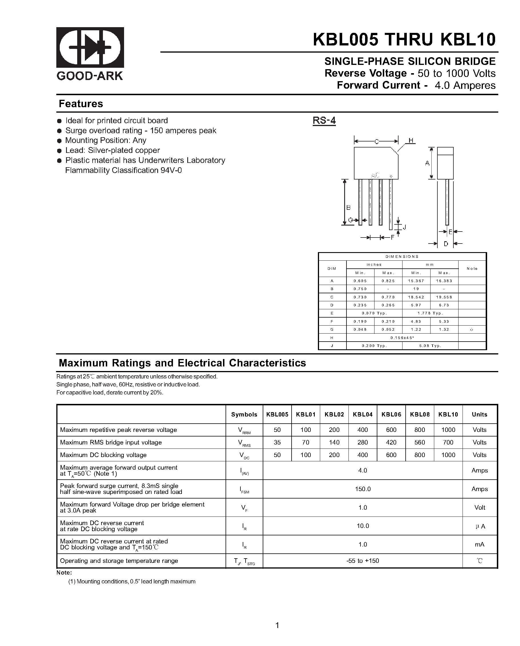 Datasheet KBL005 - SINGLE-PHASE SILICON BRIDGE page 1