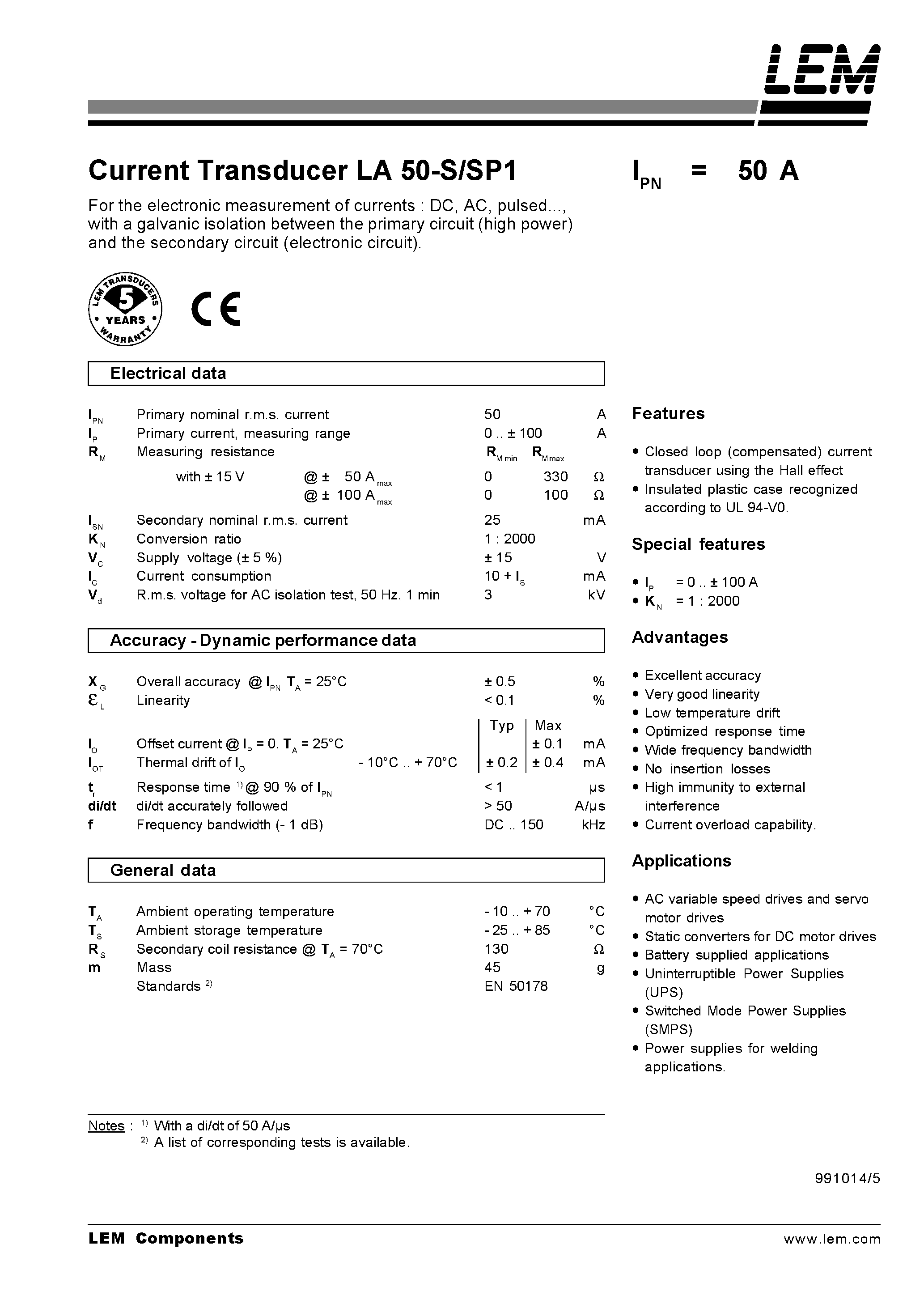 Datasheet LA50-S - Current Transducer LA 50-S/SP1 page 1