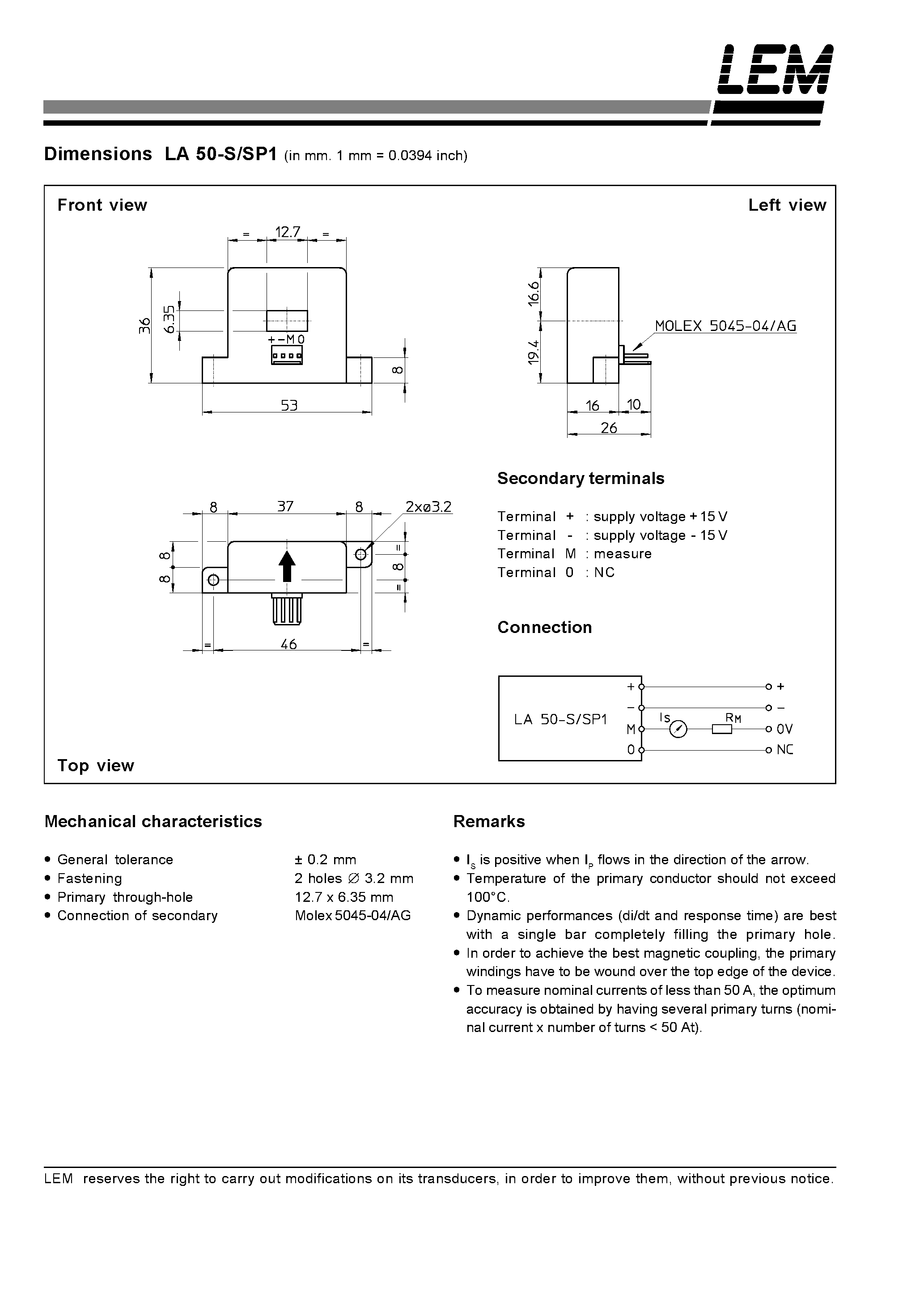 Даташит LA50-S - Current Transducer LA 50-S/SP1 страница 2