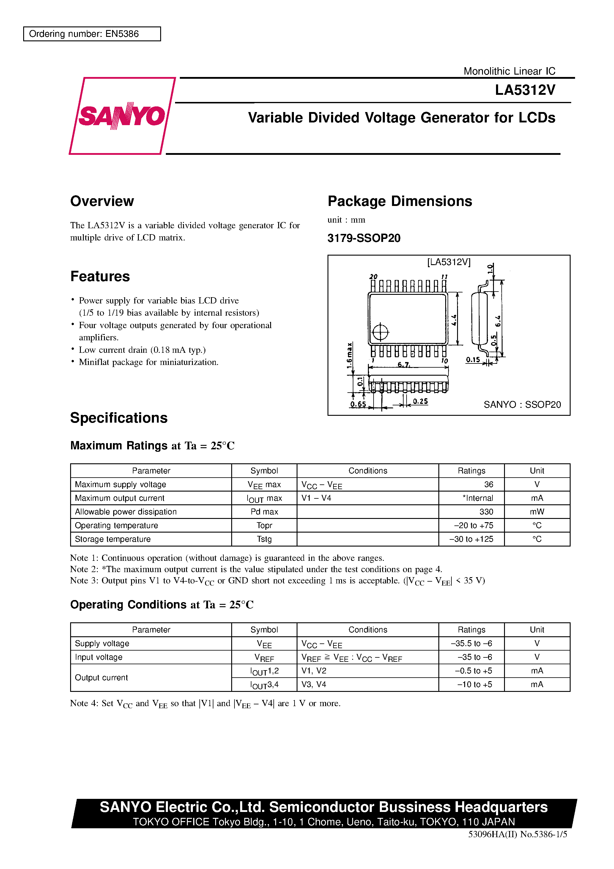 Datasheet LA5312V - Variable Divided Voltage Generator for LCDs page 1