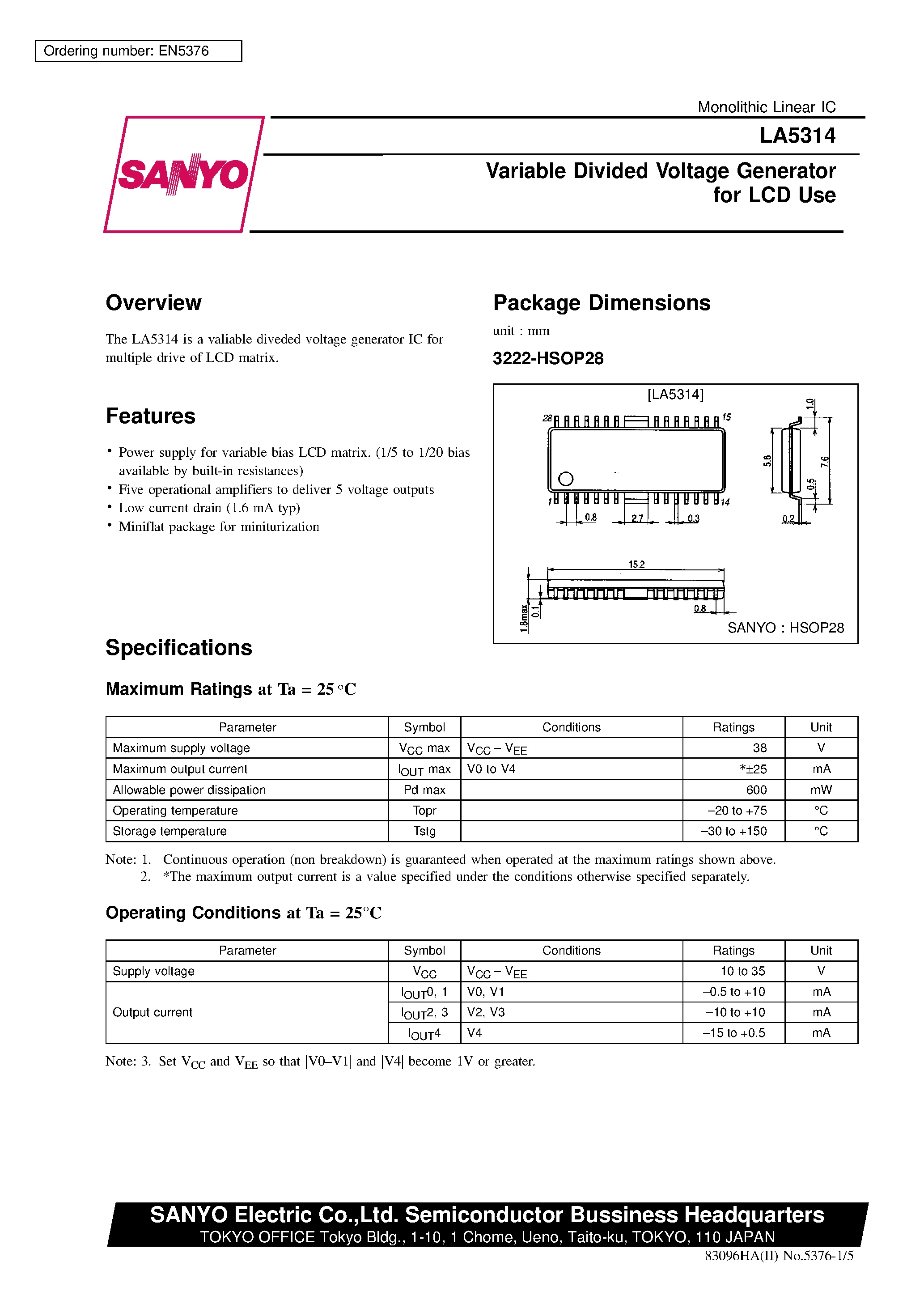 Datasheet LA5314 - Variable Divided Voltage Generator for LCD Use page 1
