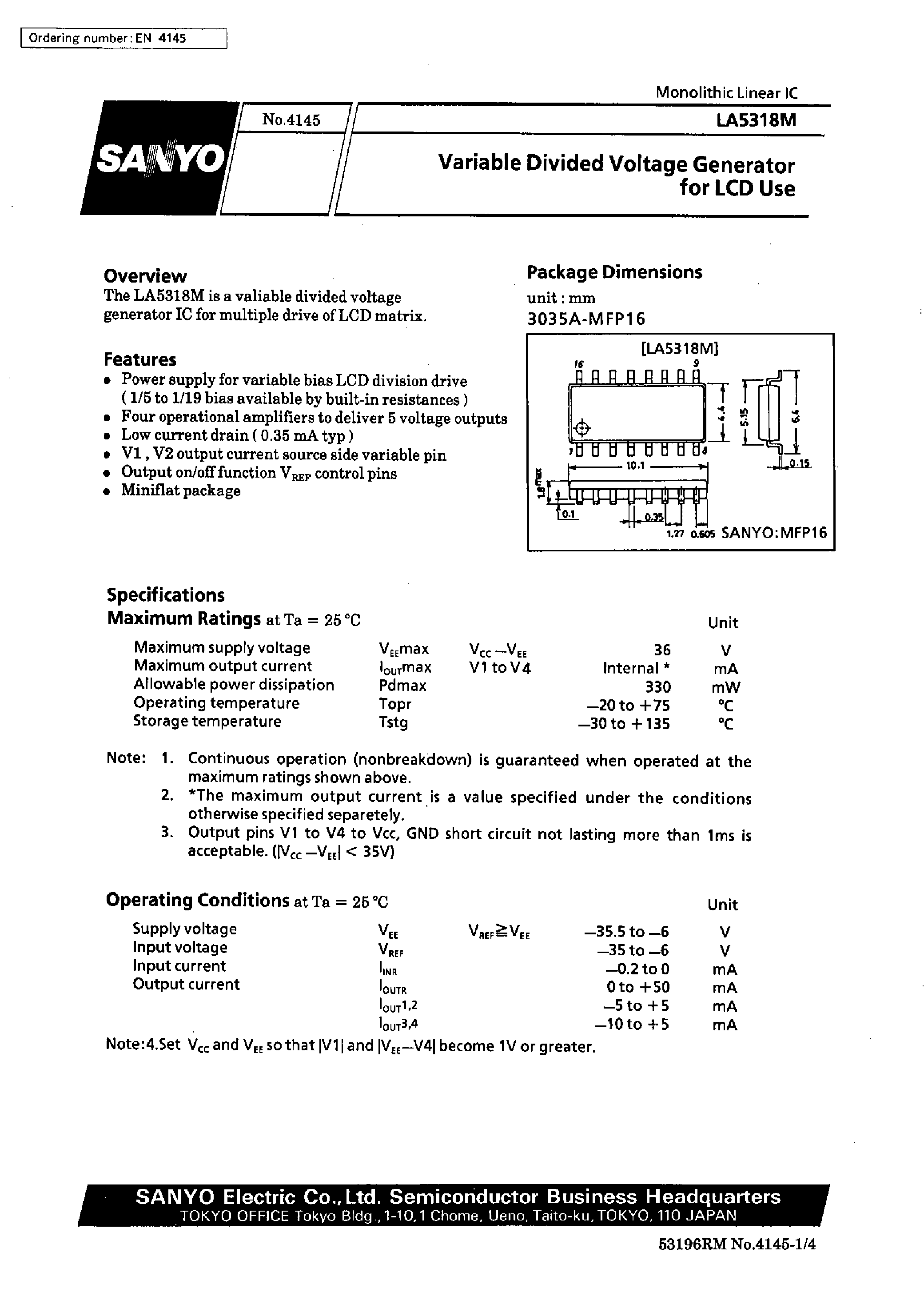 Datasheet LA5318M - Variable Divided Voltage Generator for LCD Use page 1
