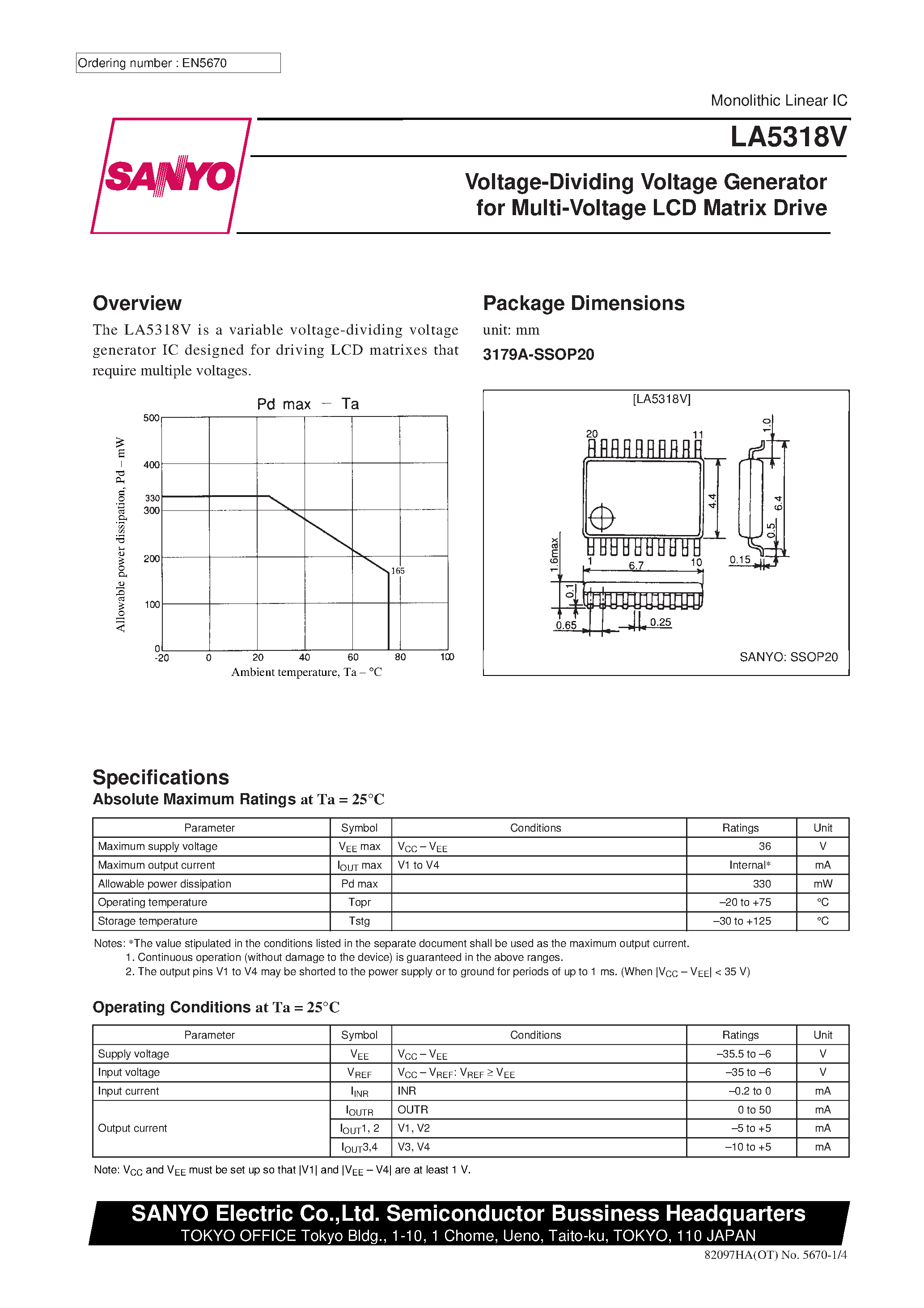 Даташит LA5318V - Voltage-Dividing Voltage Generator for Multi-Voltage LCD Matrix Drive страница 1