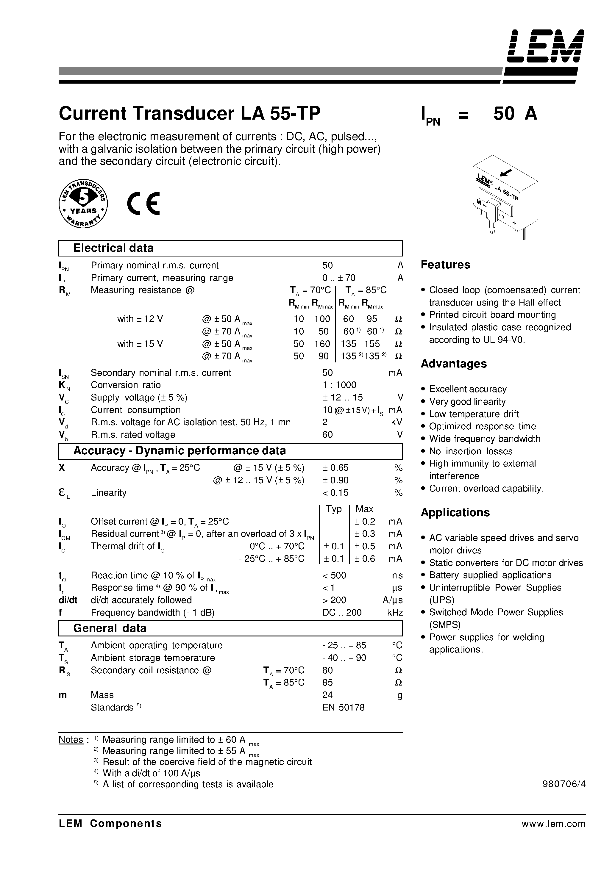 Datasheet LA55-TP - Current Transducer LA 55-TP page 1