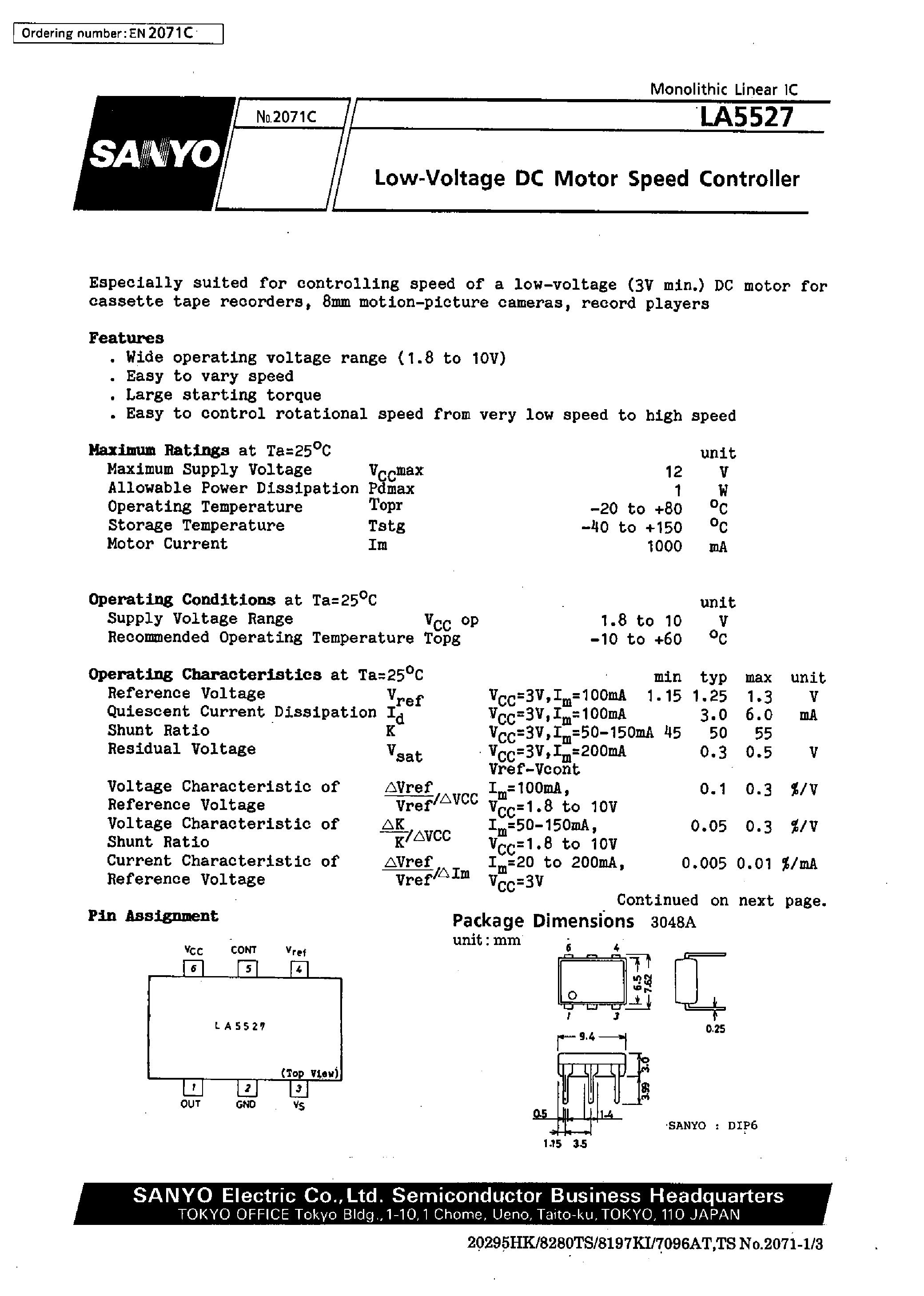 Datasheet LA5527 - Low-Voltage DC Motor Speed Controller page 1
