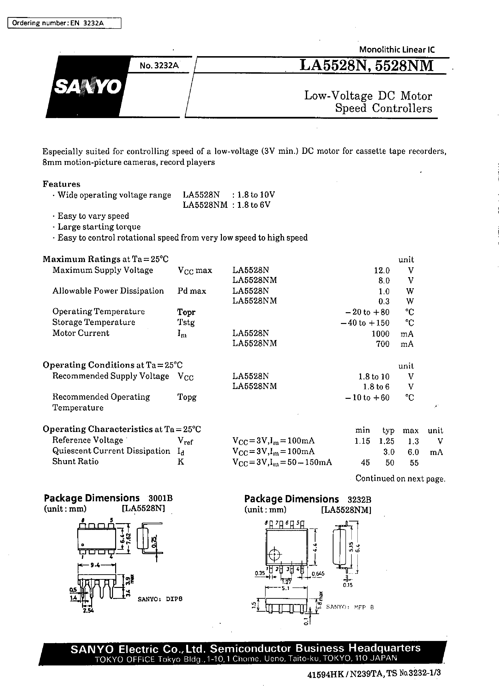 Datasheet LA5528NM - Low-Voltage DC Motor Speed Controller page 1