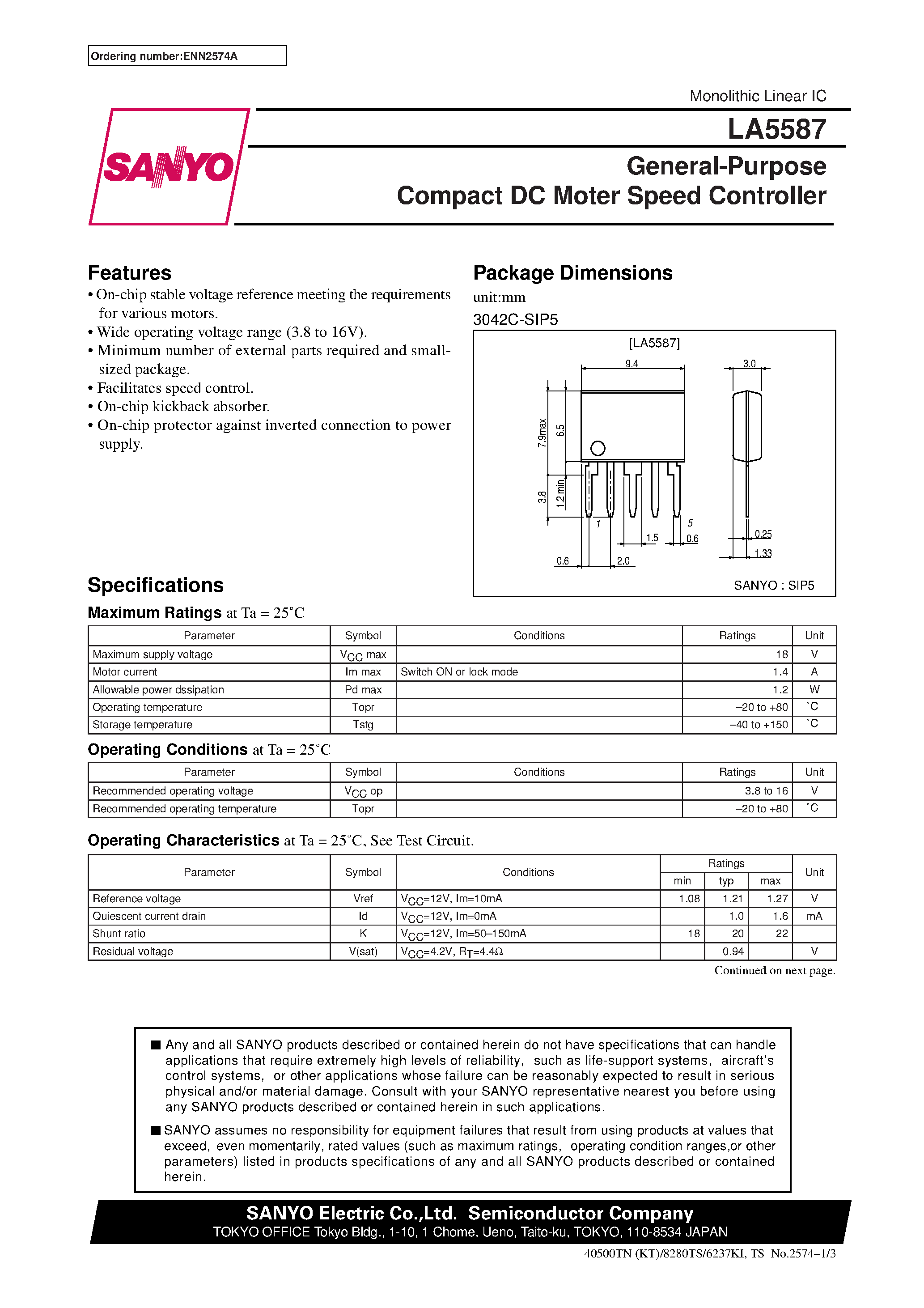 Datasheet LA5587 - General-Purpose Compact DC Moter Speed Controller page 1