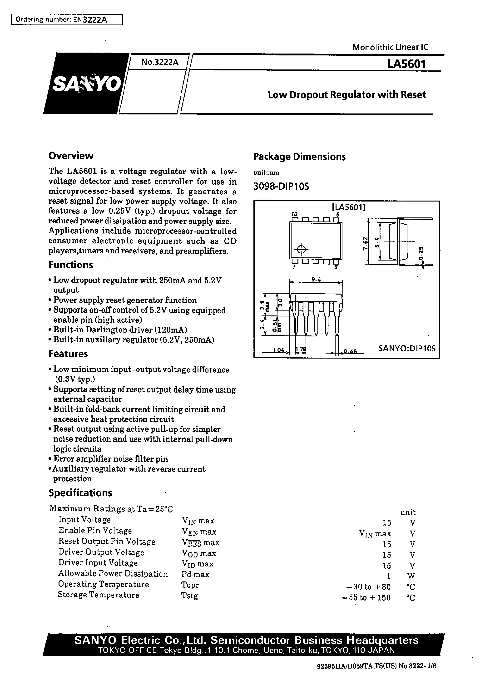 Datasheet LA5601 - Low Dropout Regulator with Reset page 1