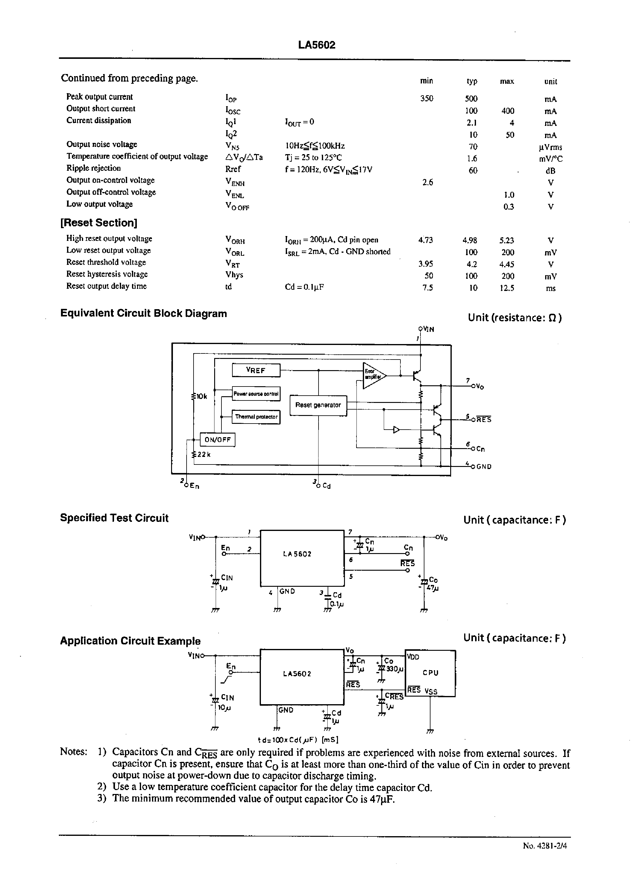 Datasheet LA5602 - Low-Dropout Voltage Regulator with Reset and On-Off Function page 2