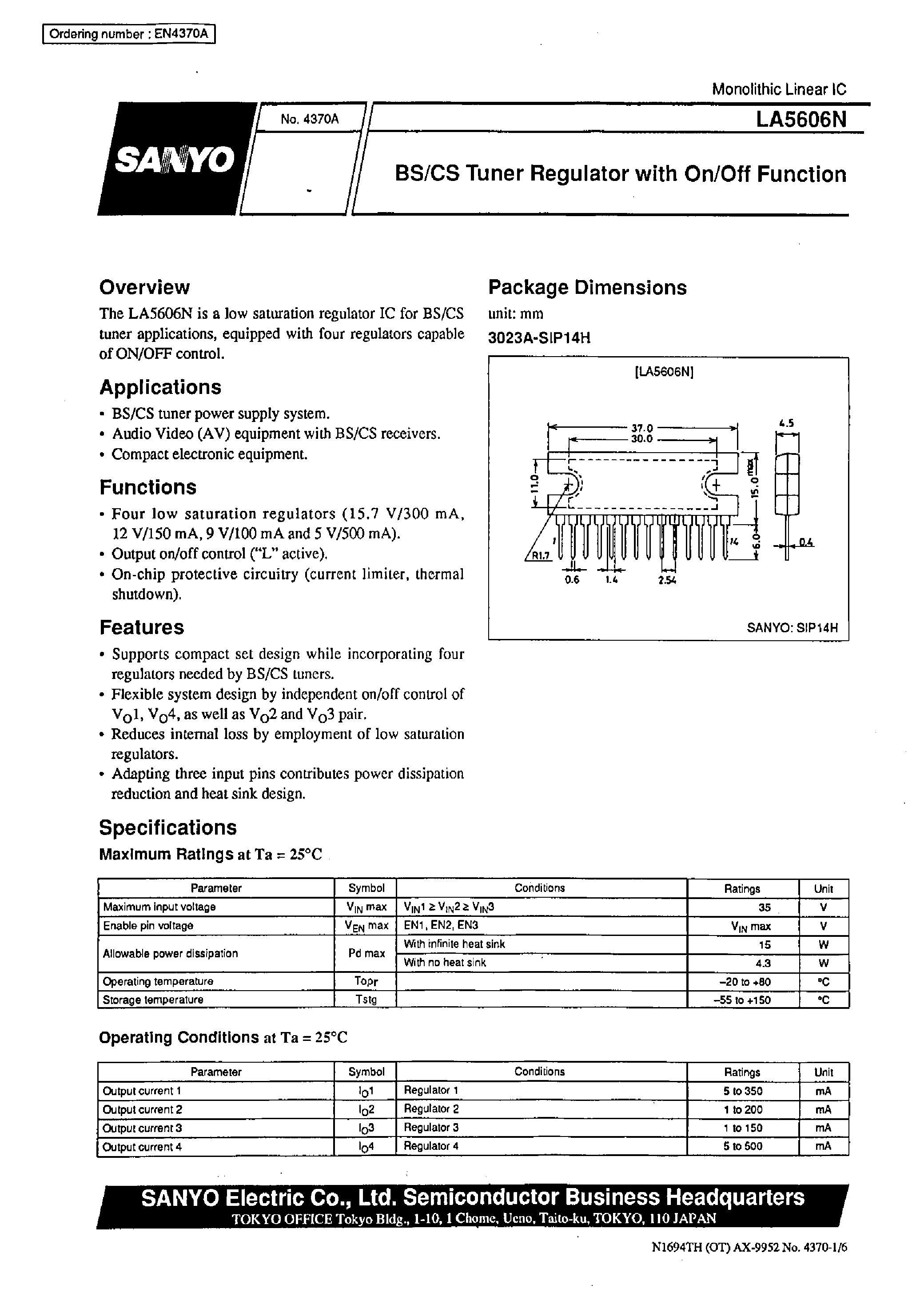 Даташит LA5606N - BS/CS Tuner Regulator with On/Off Function страница 1