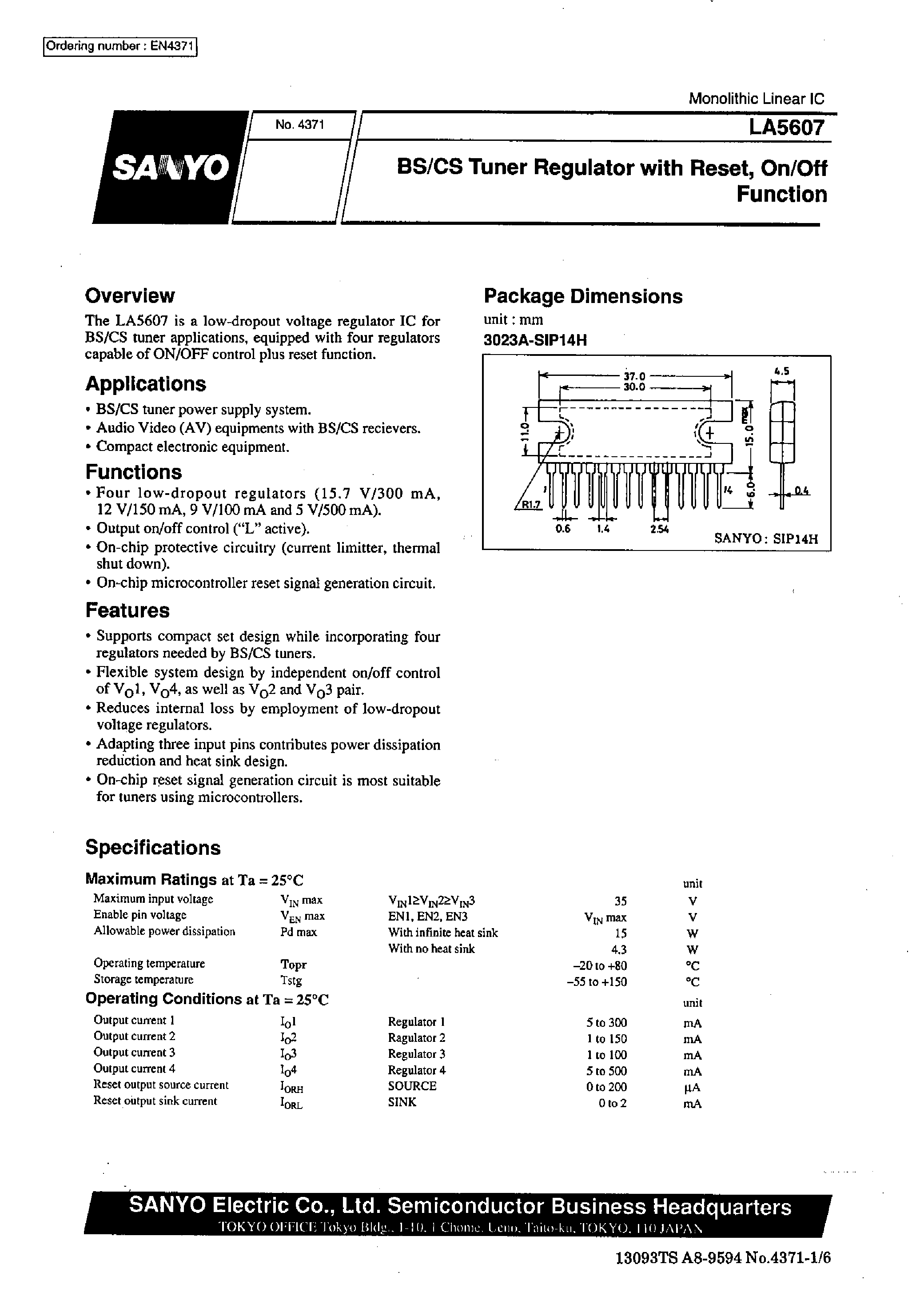 Даташит LA5607 - BS/CS Tuner Regulator with Reset /On/Off Function страница 1