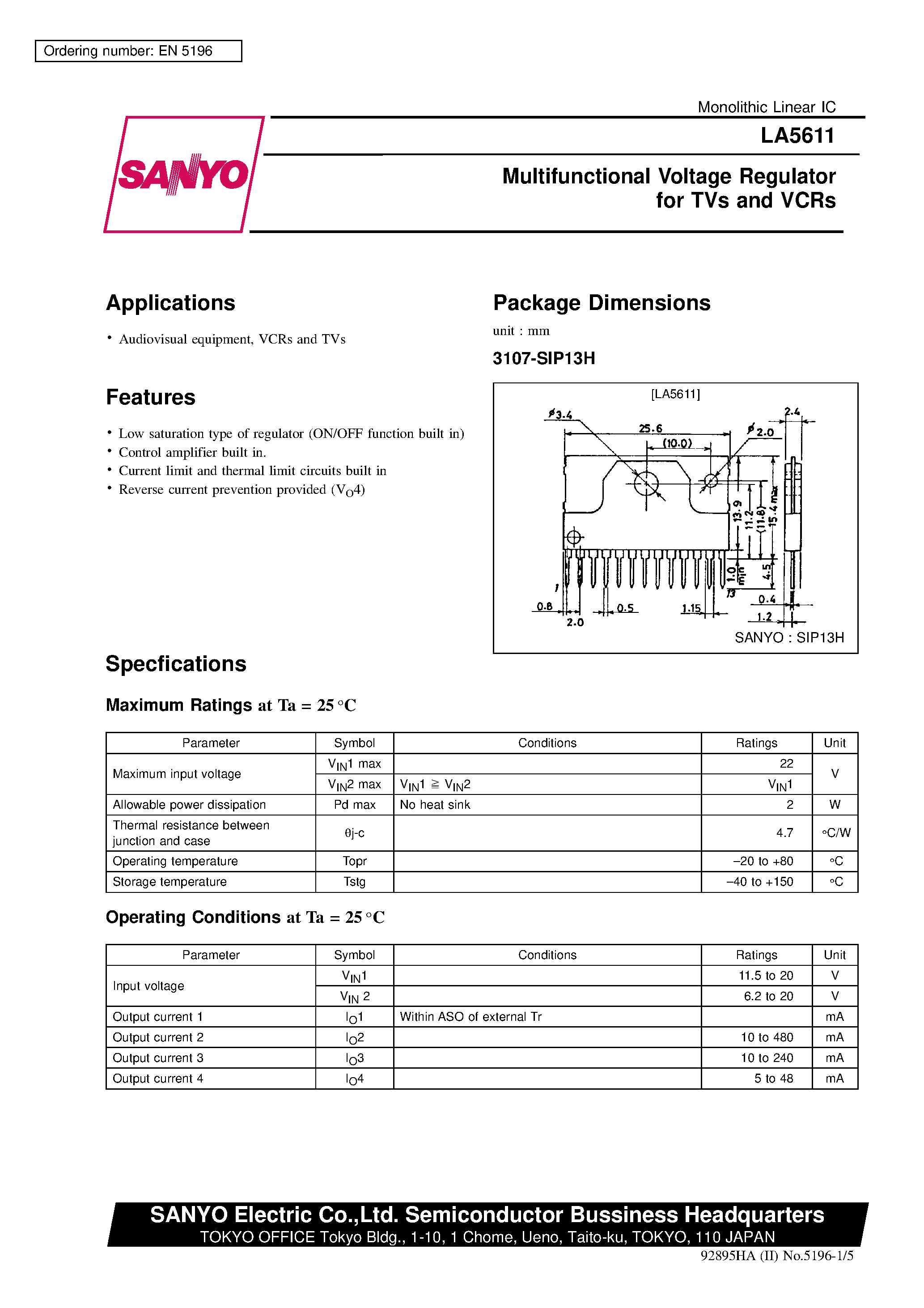 Datasheet LA5611 - Multifunctional Voltage Regulator for TVs and VCRs page 1