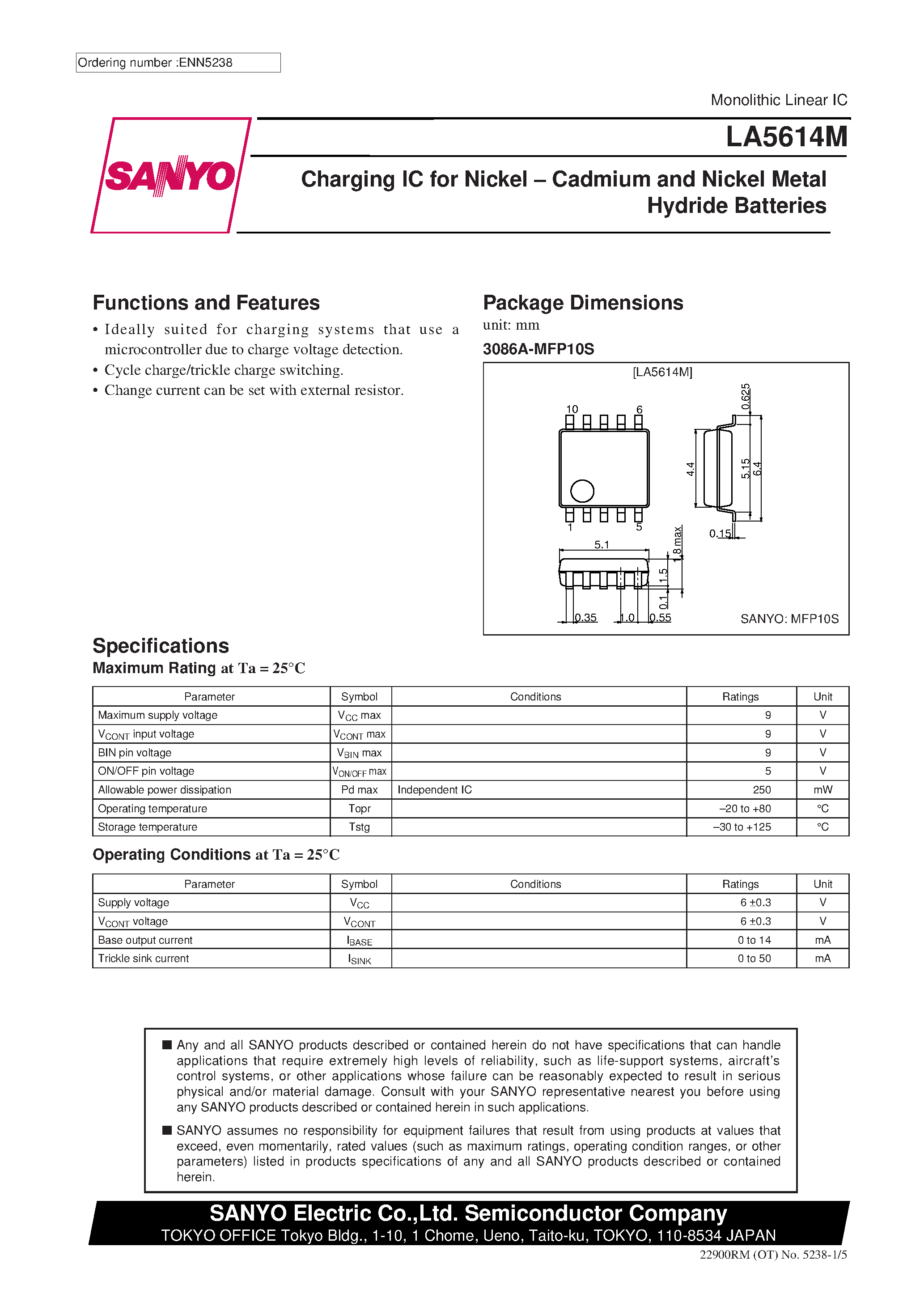 Даташит LA5614M - Charging IC for Nickel Cadmium and Nickel Metal Hydride Batteries страница 1