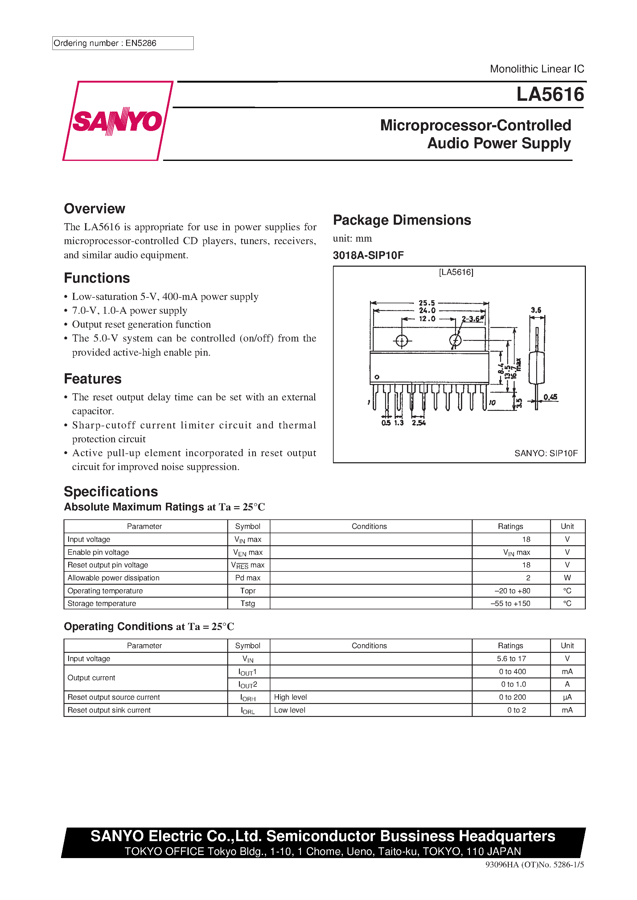 Datasheet LA5616 - Microprocessor-Controlled Audio Power Supply page 1