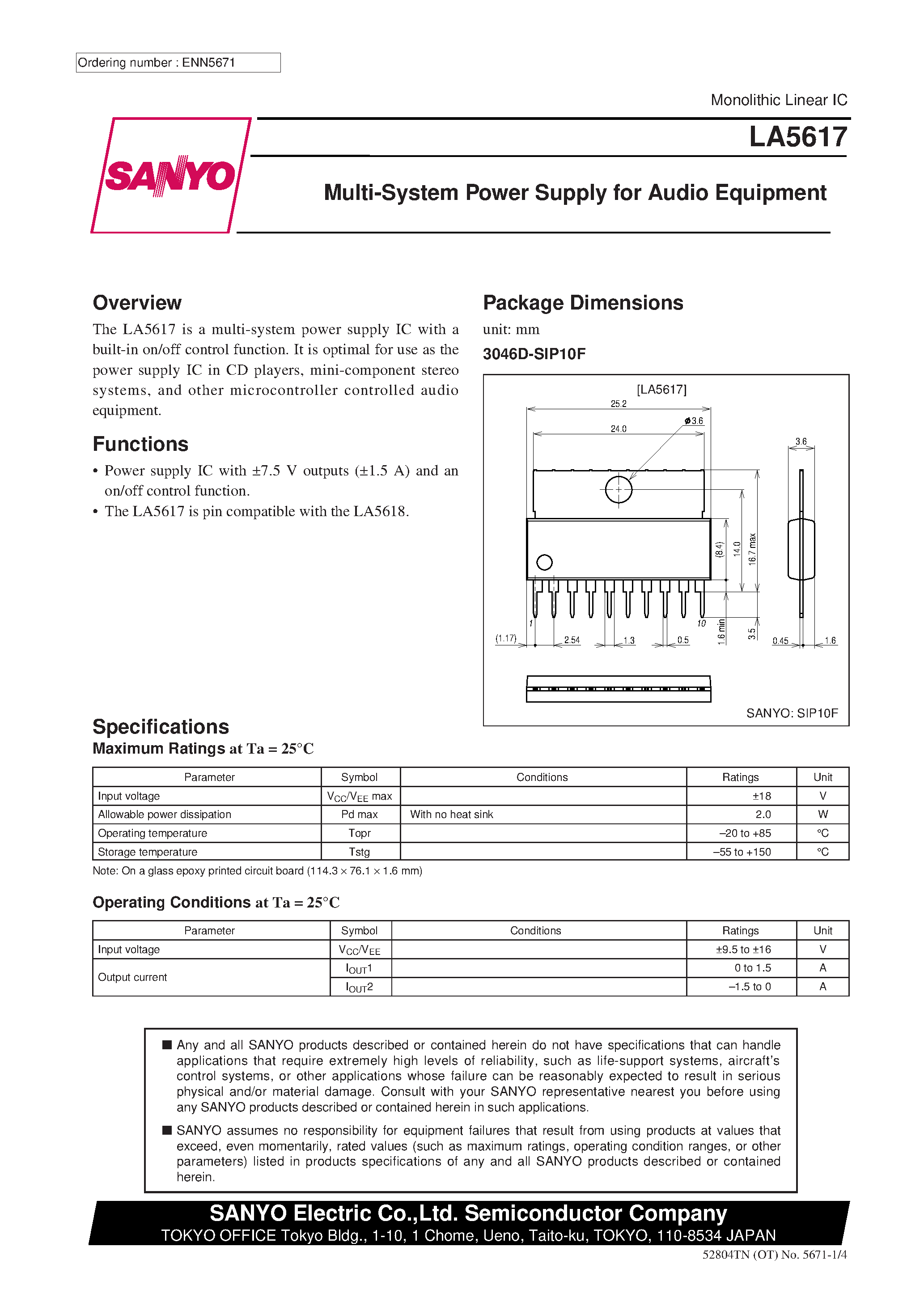 Даташит LA5617 - Multi-System Power Supply for Audio Equipment страница 1