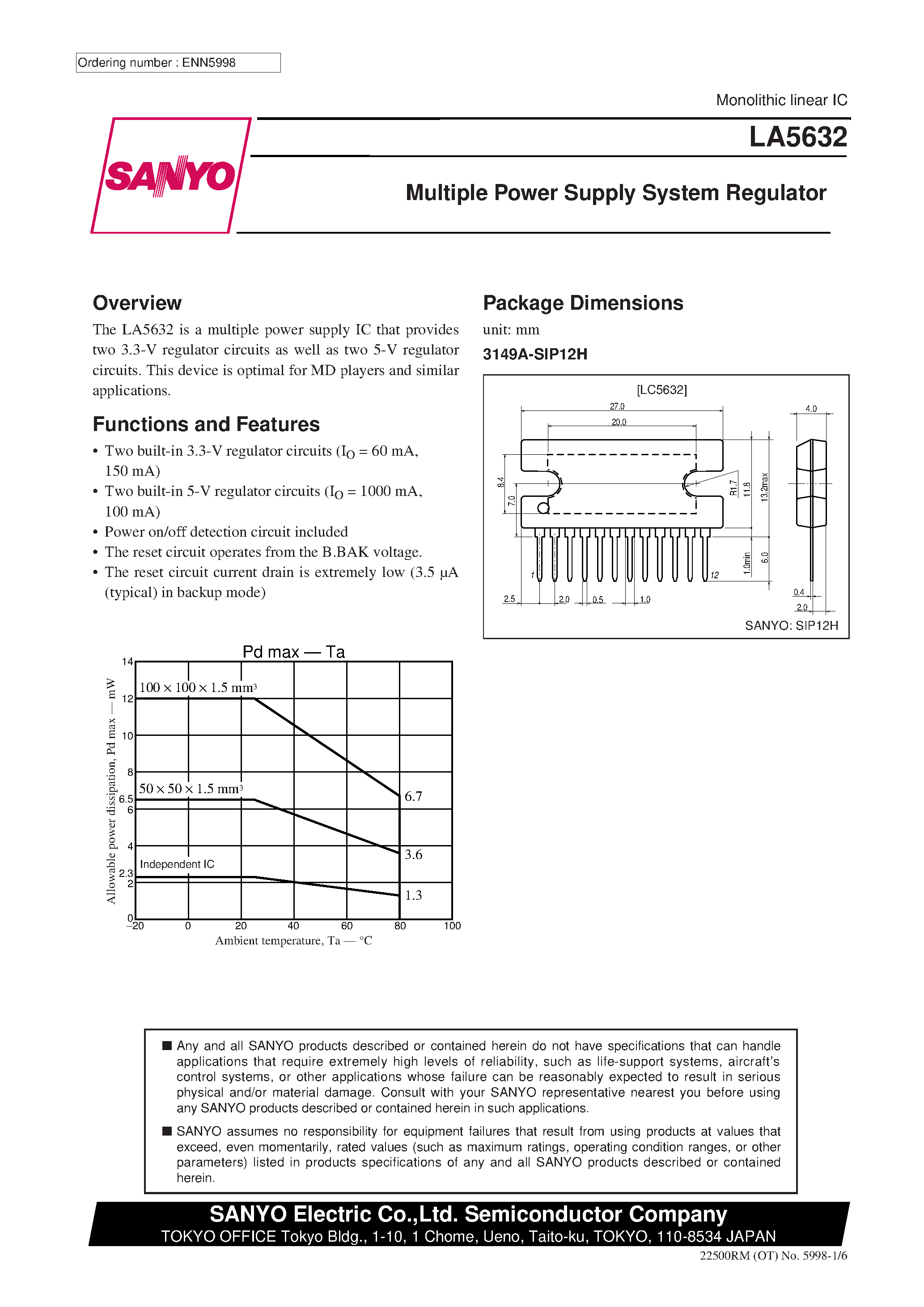 Даташит LA5632 - Multiple Power Supply System Regulator страница 1