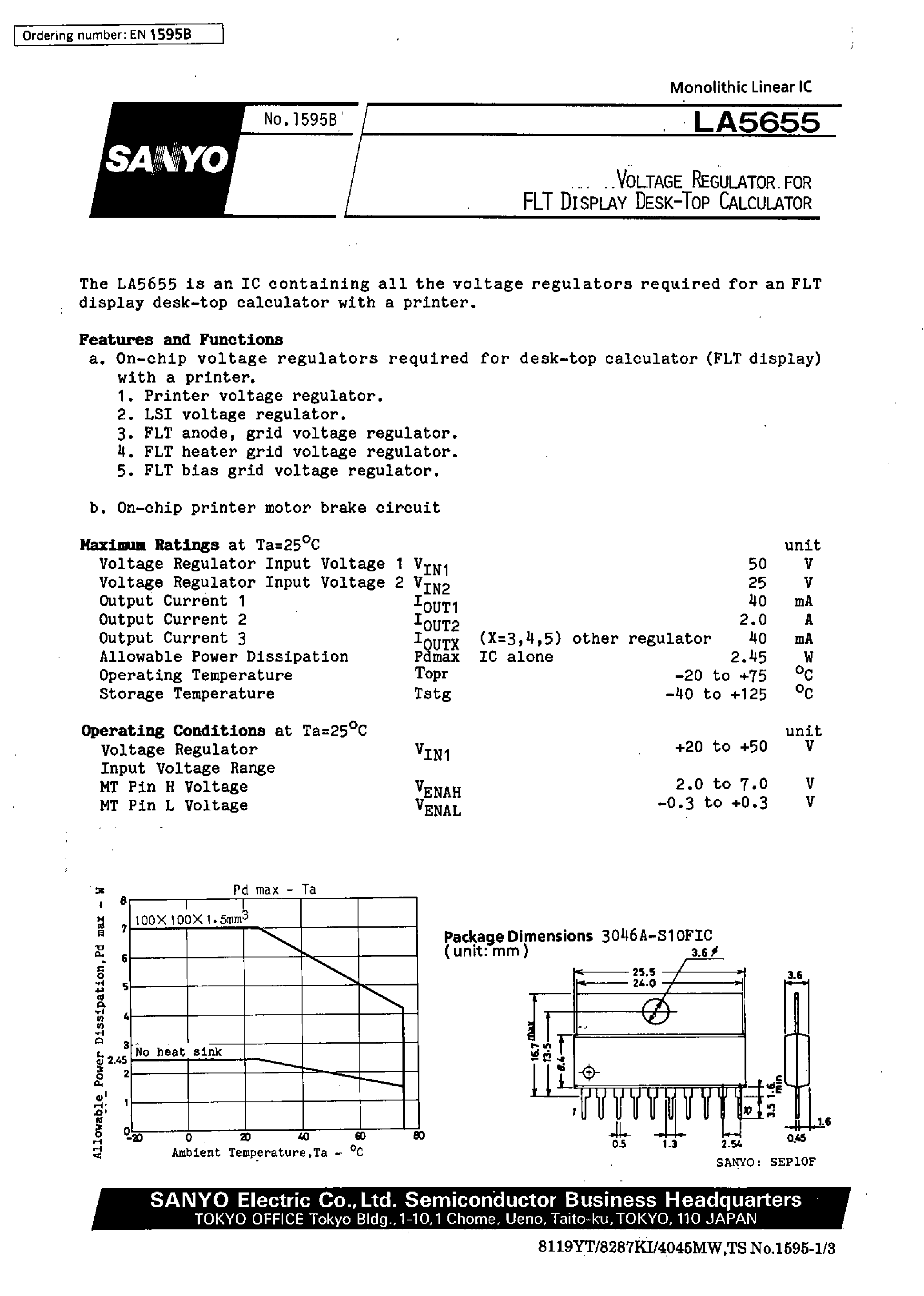 Даташит LA5655 - Voltage Regulator for FLY Display Desk-Top Calculator страница 1