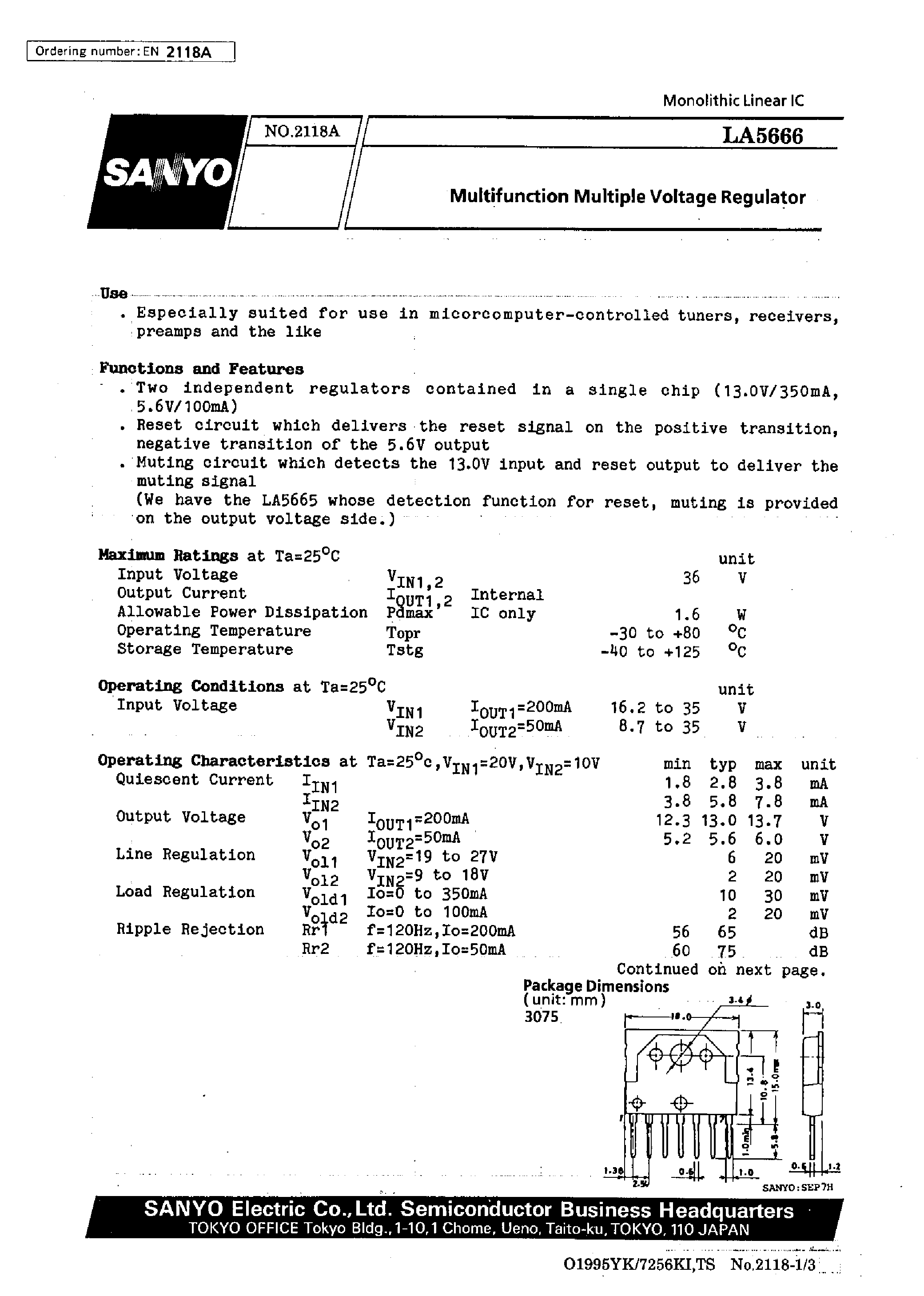 Datasheet LA5666 - Multifunction Multiple Voltage Regulator page 1