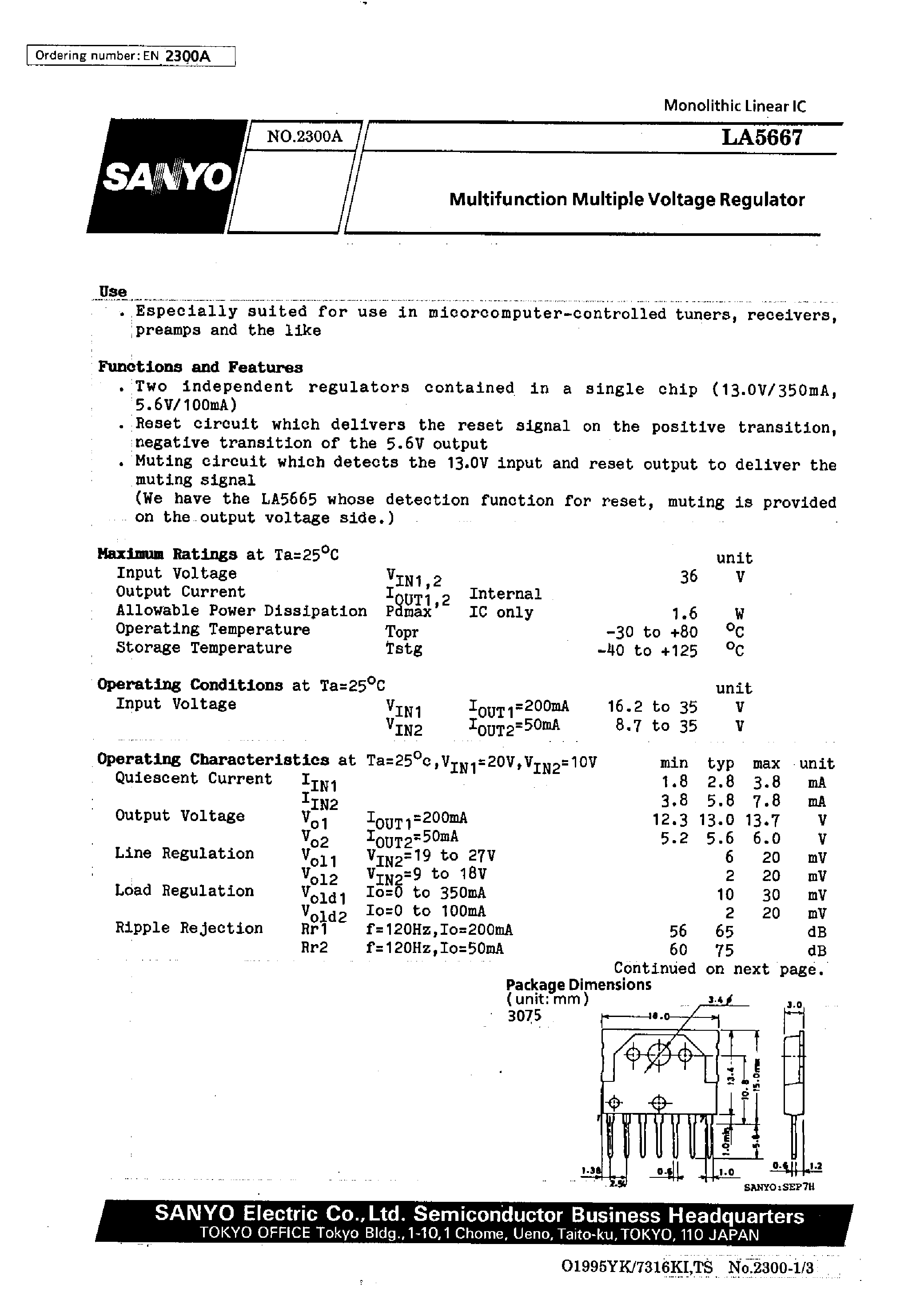 Datasheet LA5667 - Multifunction Multiple Voltage Regulator page 1