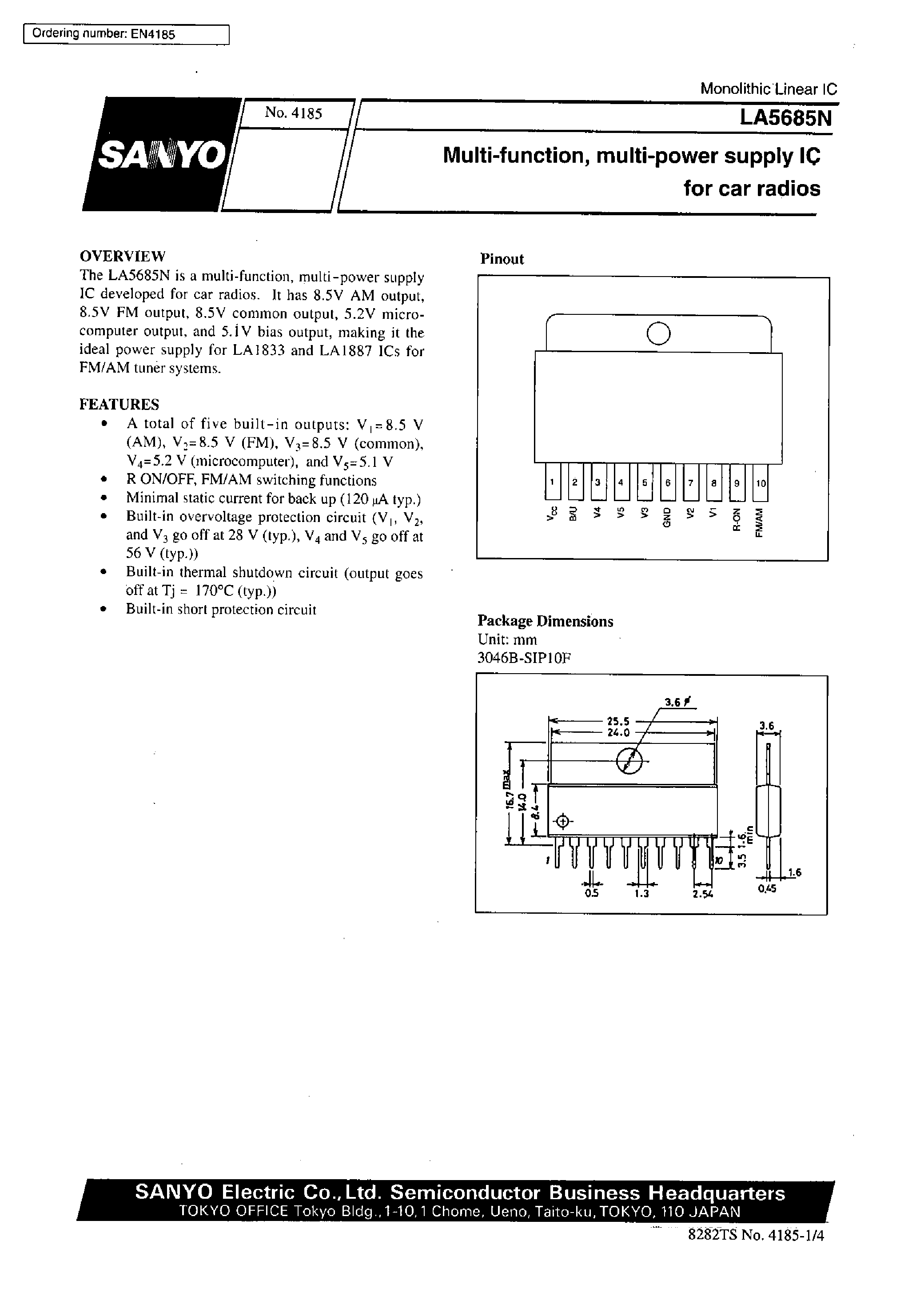 Datasheet LA5685N - Multi-function /Multi-power supply IC for car radios page 1