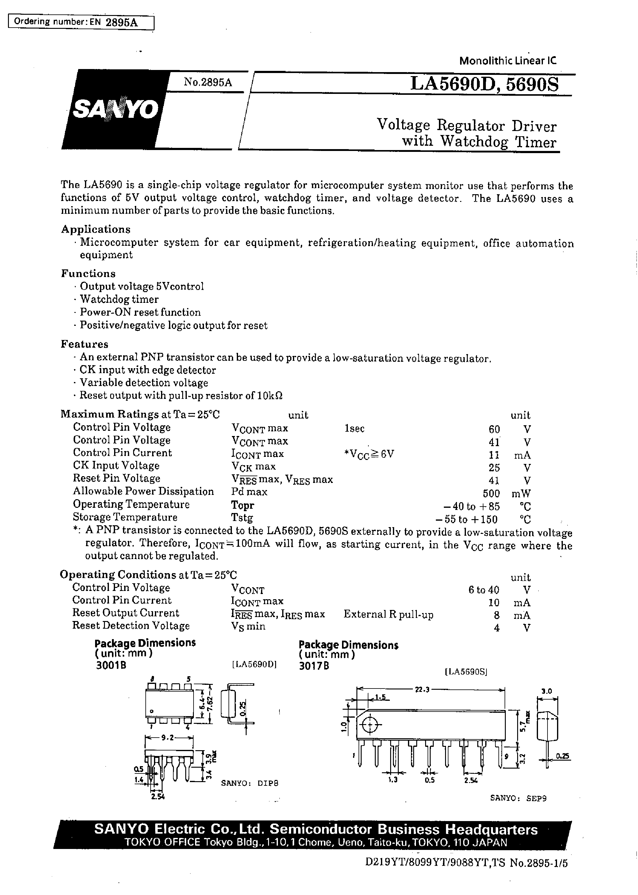 Datasheet LA5690D - Voltage Regulator Driver with Watchdog Timer page 1