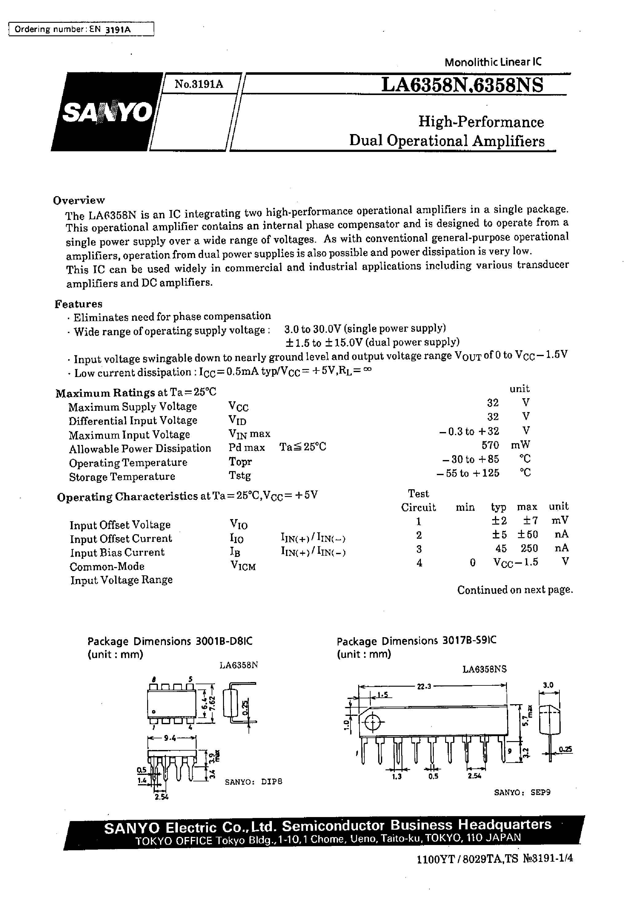 Datasheet LA6358N - High-Performance Dual Operational Amplifiers page 1