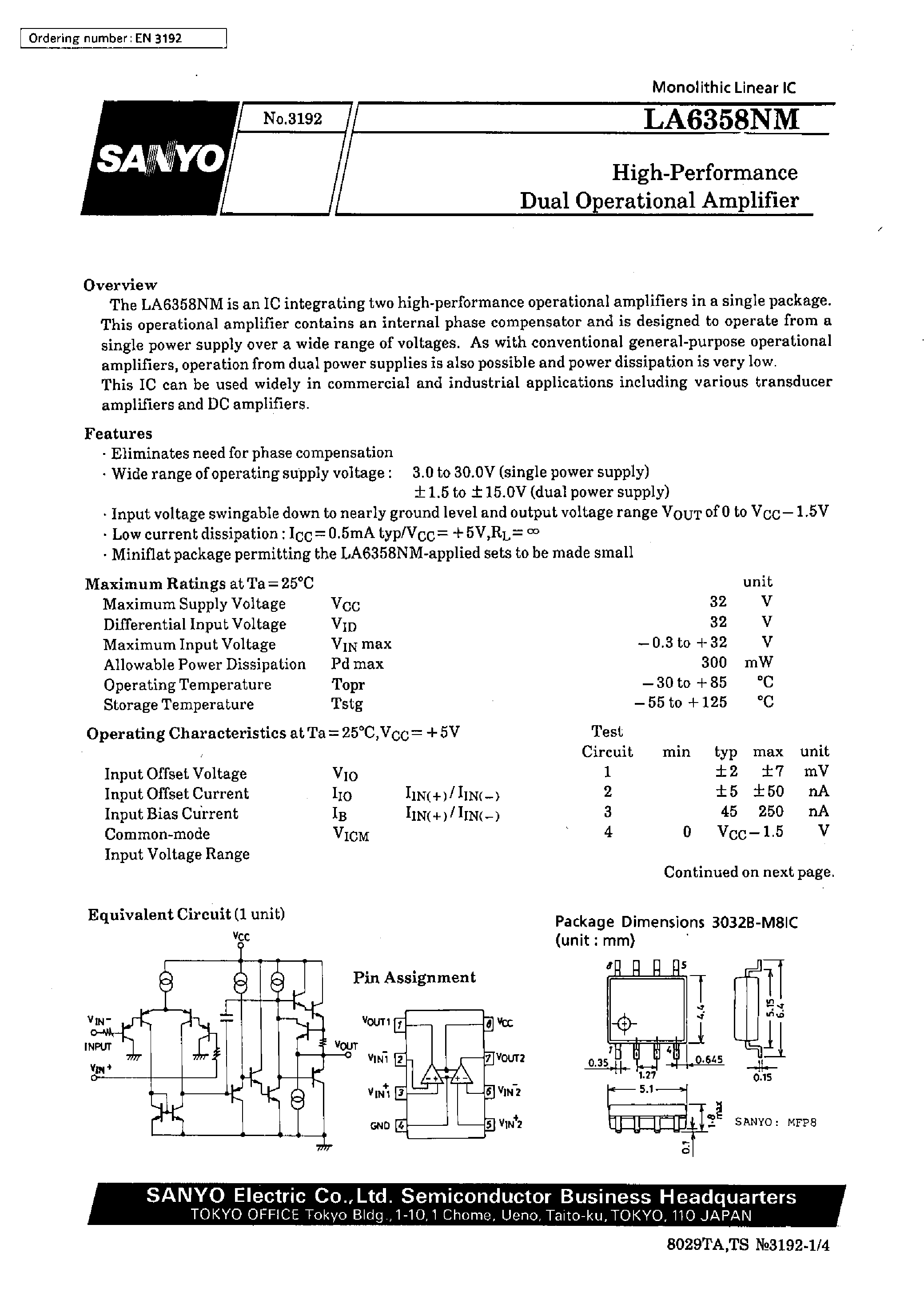 Datasheet LA6358NM - High-Performance Dual Operational Amplifier page 1