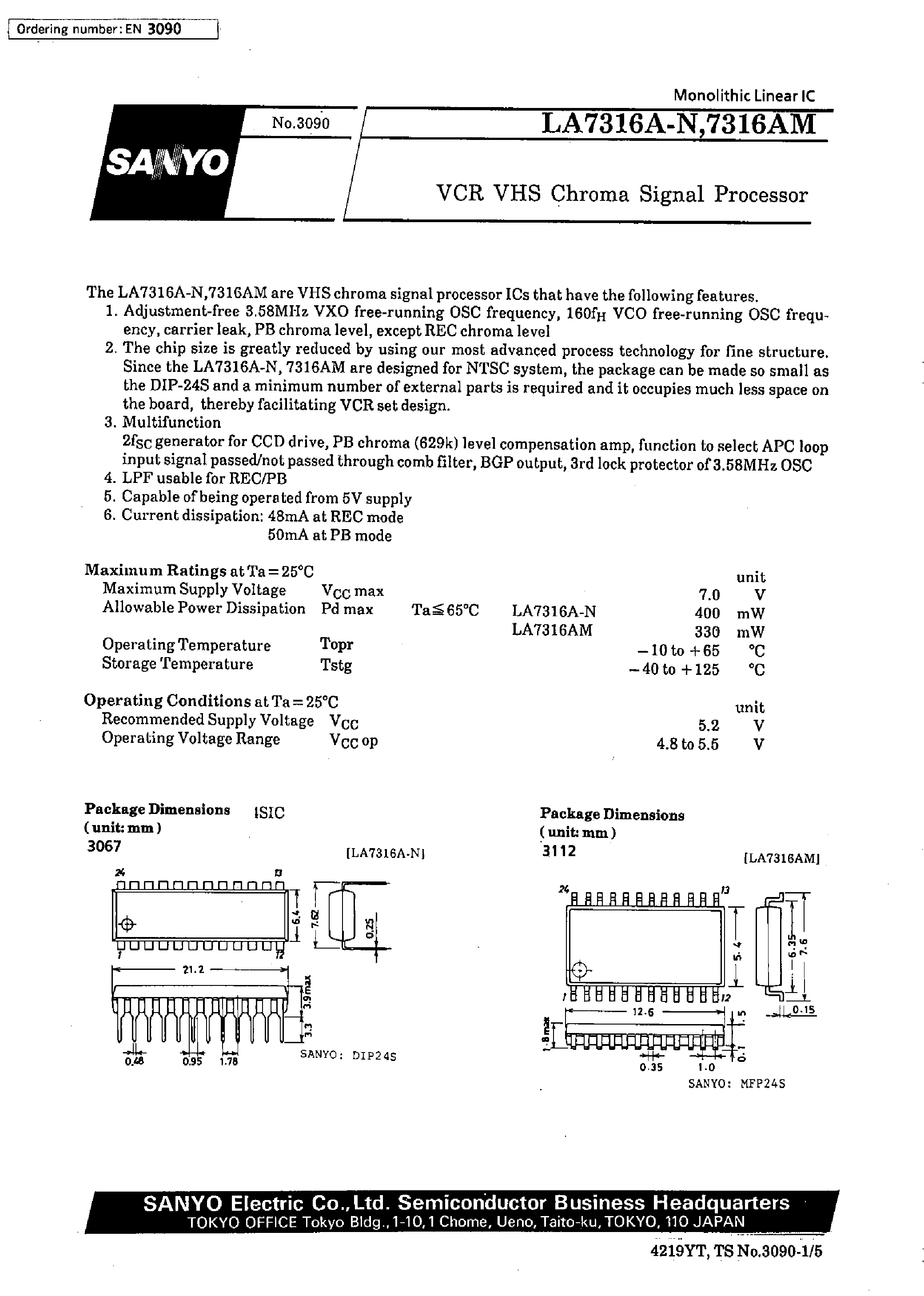 Datasheet LA7316A-N - VCR VHS Chroma Signal Processor page 1