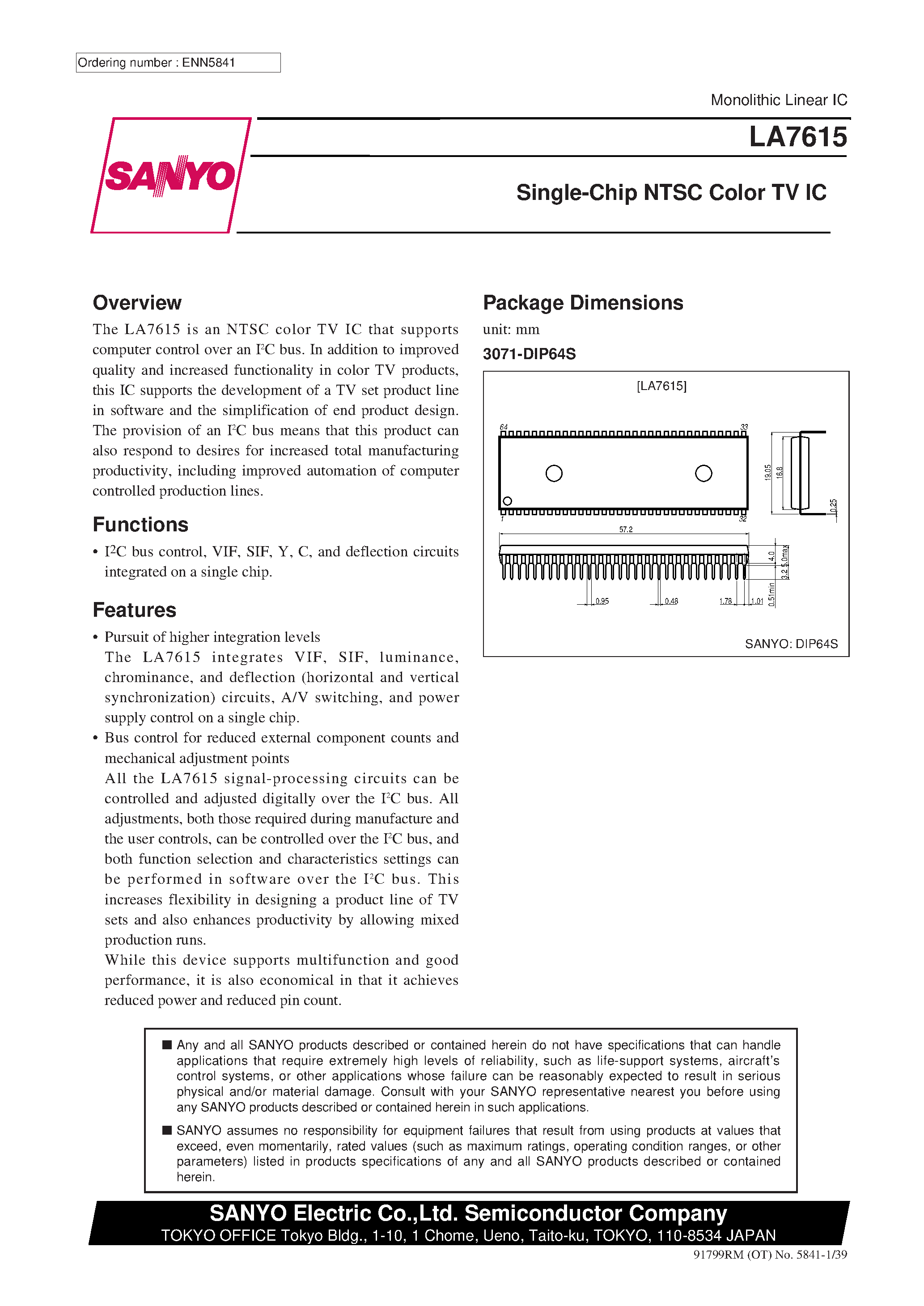 Datasheet LA7615 - Single-Chip NTSC Color TV IC page 1