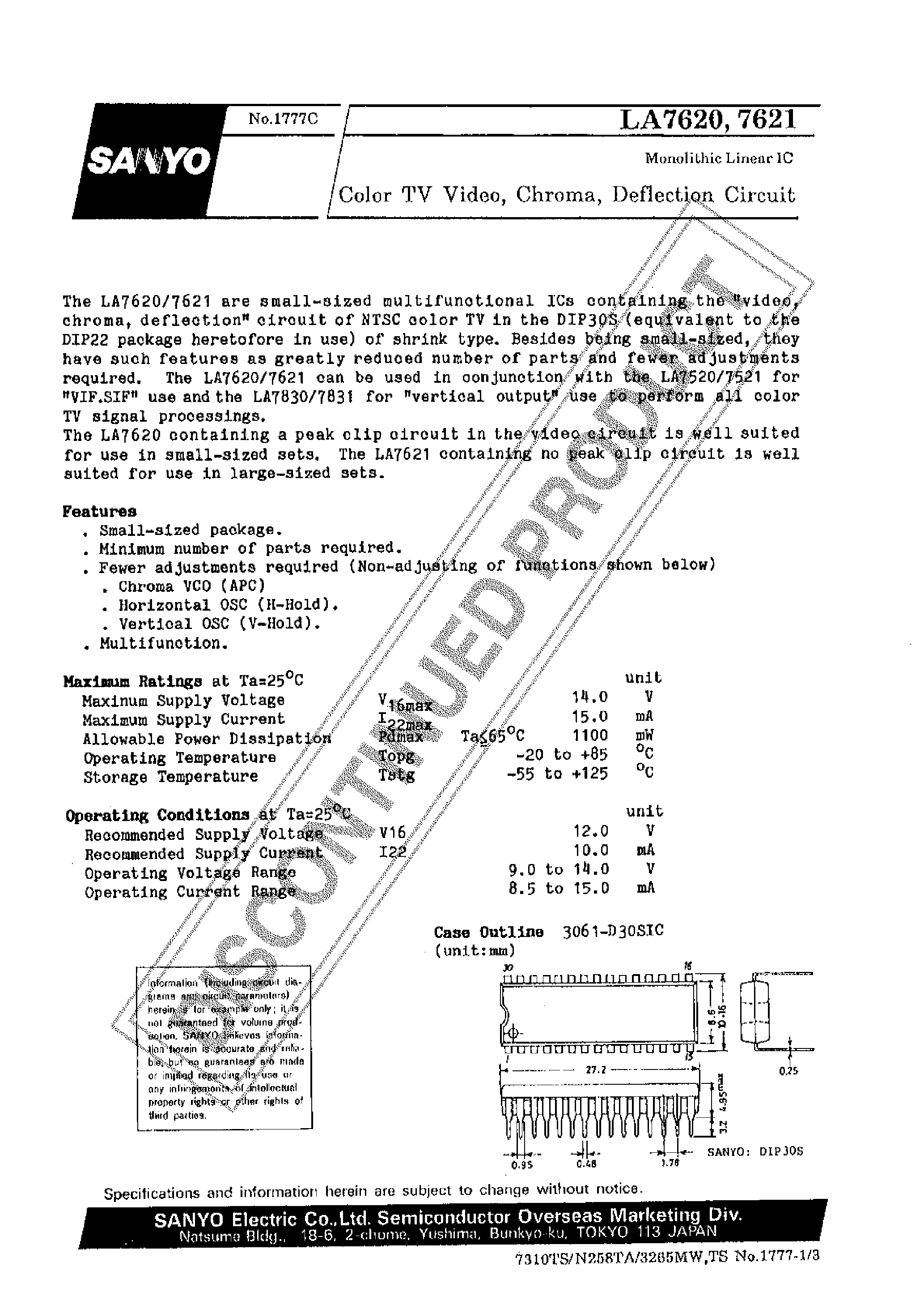 Datasheet LA7620 - Color TV Video / Chroma / Deflection Circuit page 1
