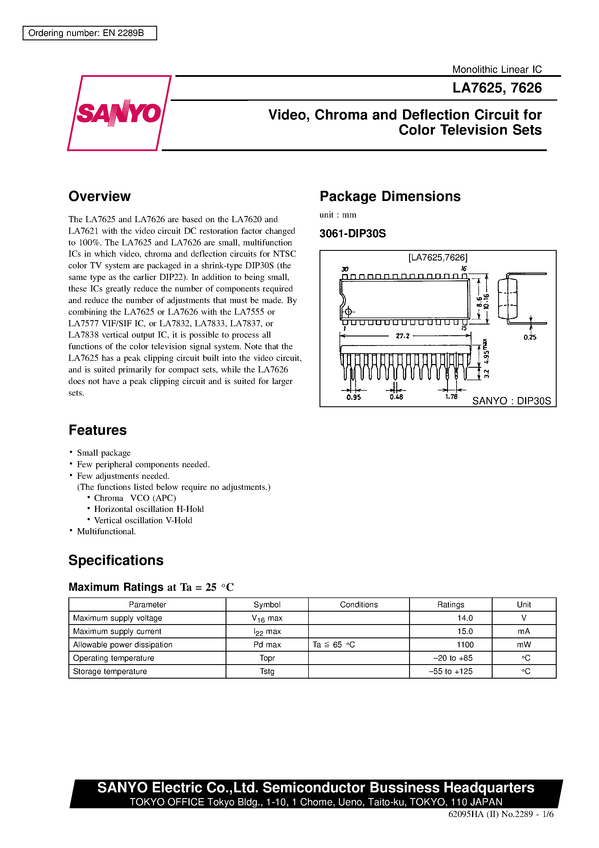 Datasheet LA7625 - Video / Chroma and Deflection Circuit for Color Television Sets page 1