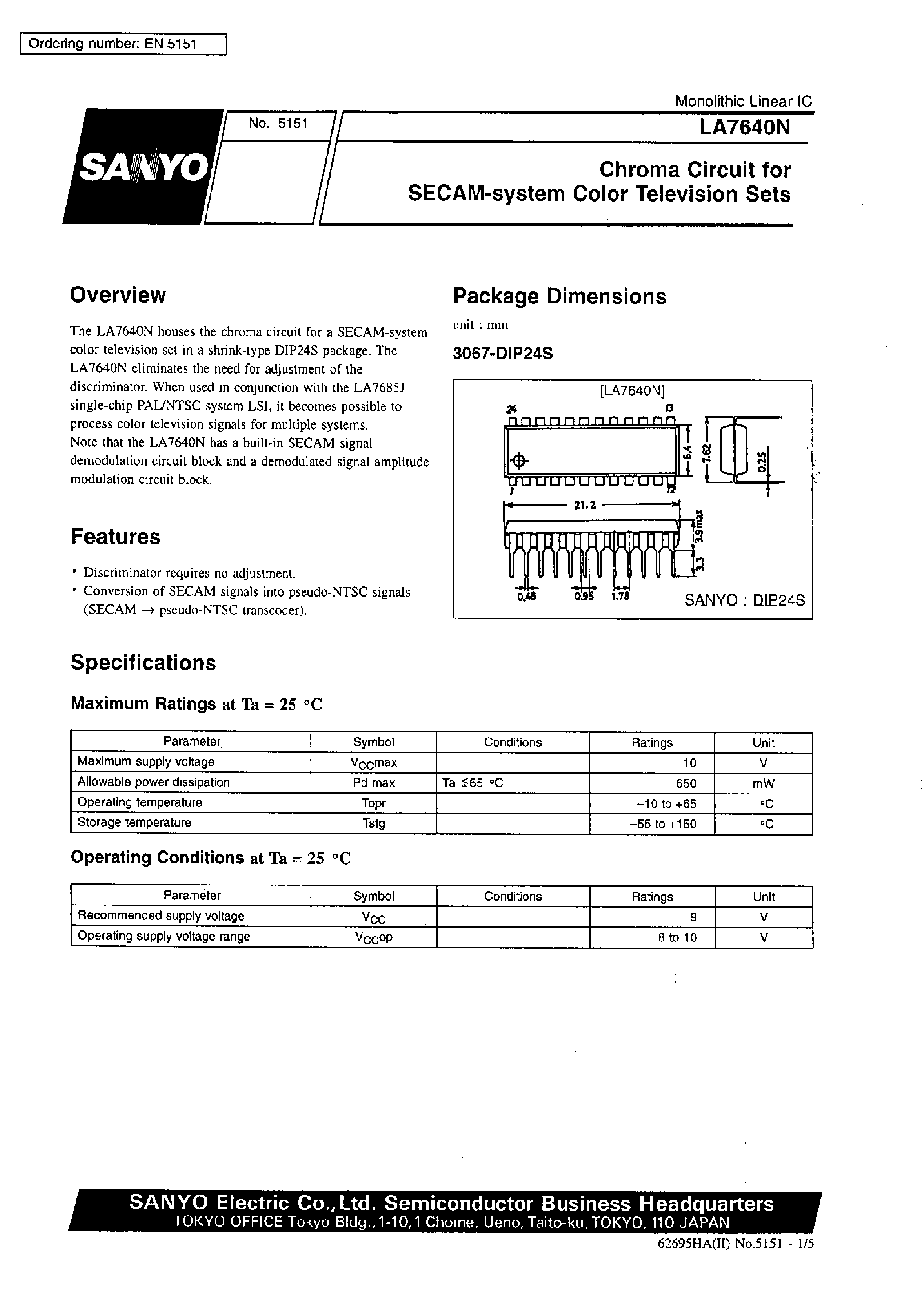 Datasheet LA7640N - Chroma Circuit for SECAM-system Color Television Sets page 1
