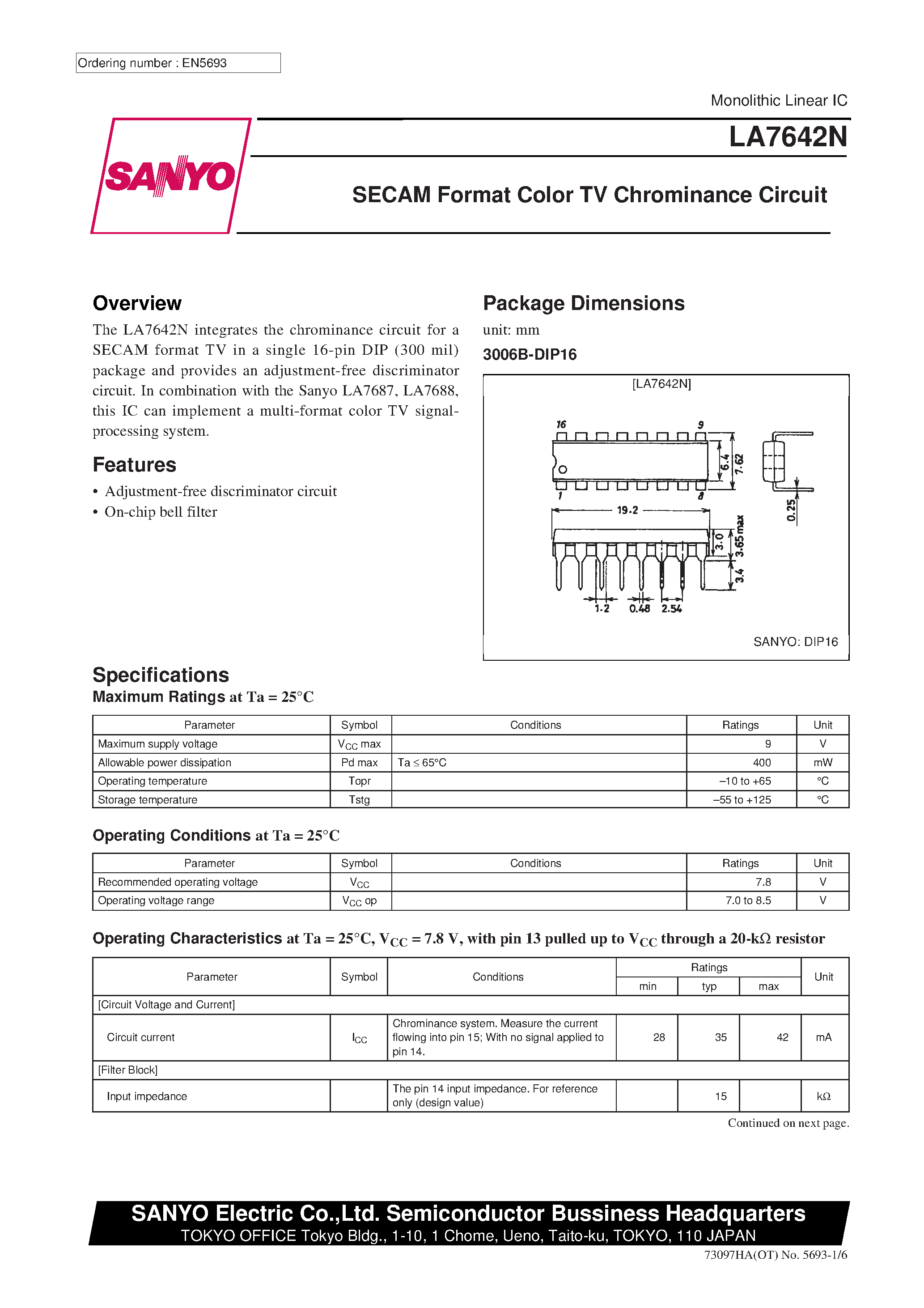 Datasheet LA7642N - SECAM Format Color TV Chrominance Circuit page 1
