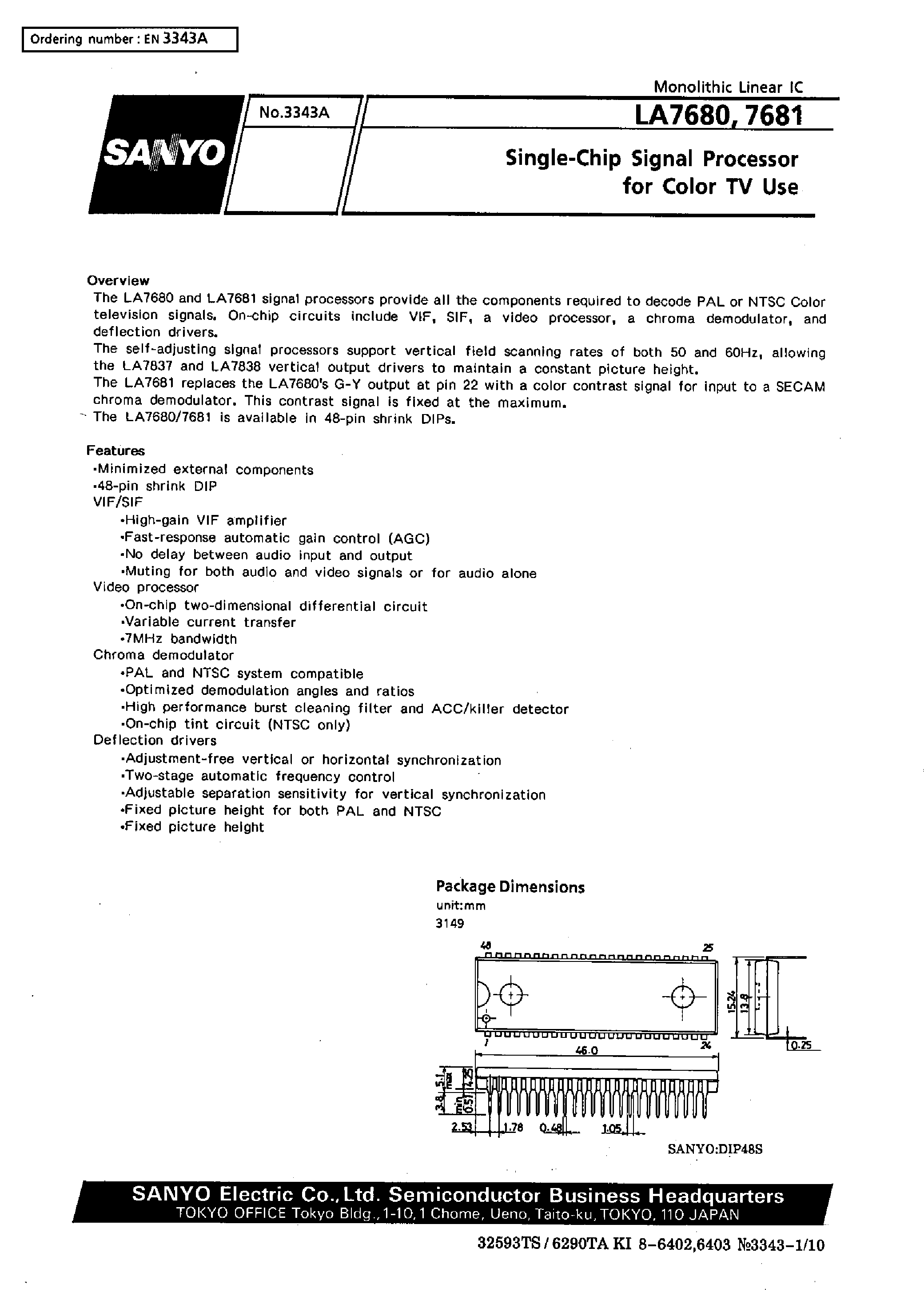 Datasheet LA7681 - Single-Chip Signal Processor for Color TV Use page 1