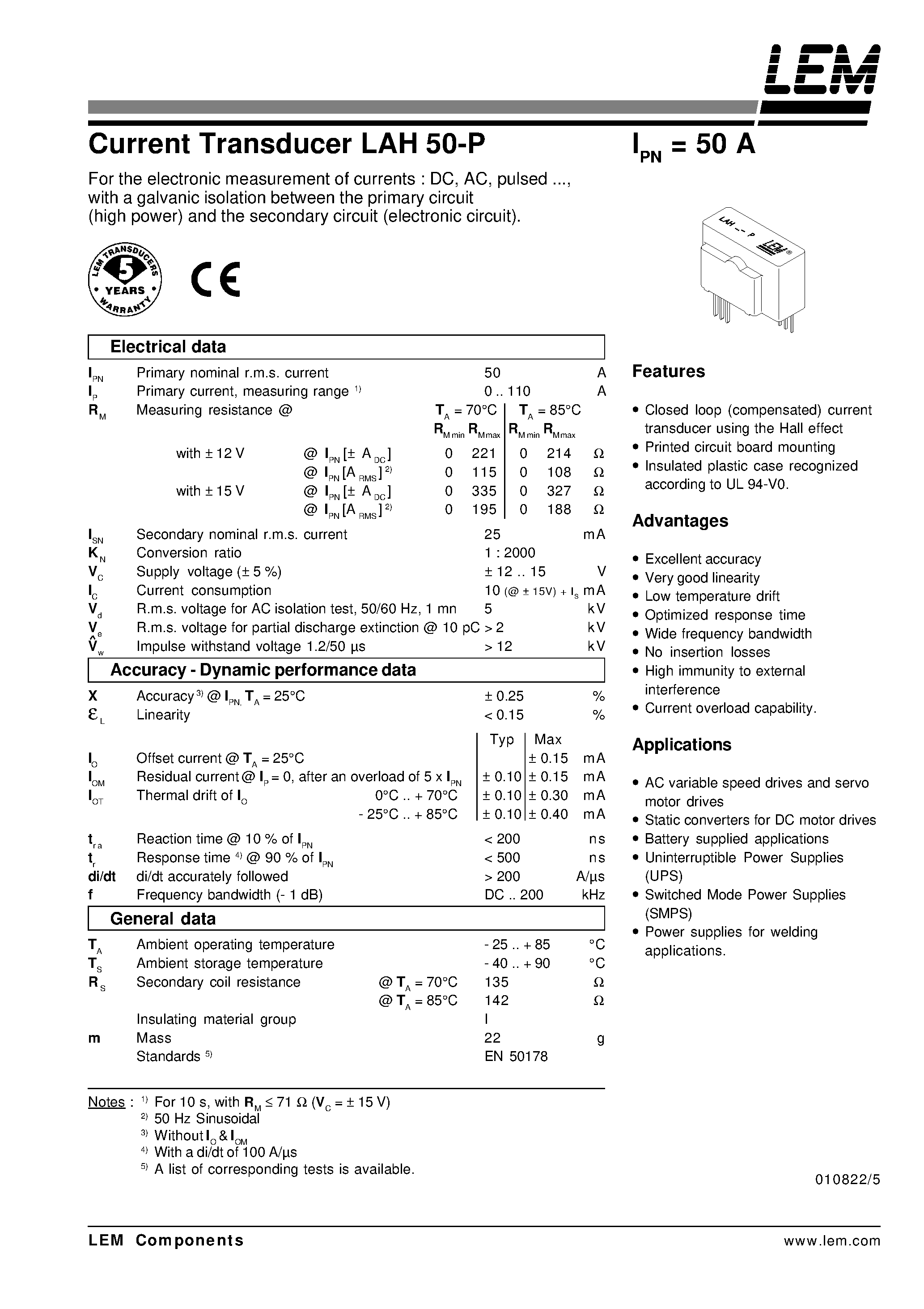 Datasheet LAH50-P - Current Transducer LAH 50-P page 1