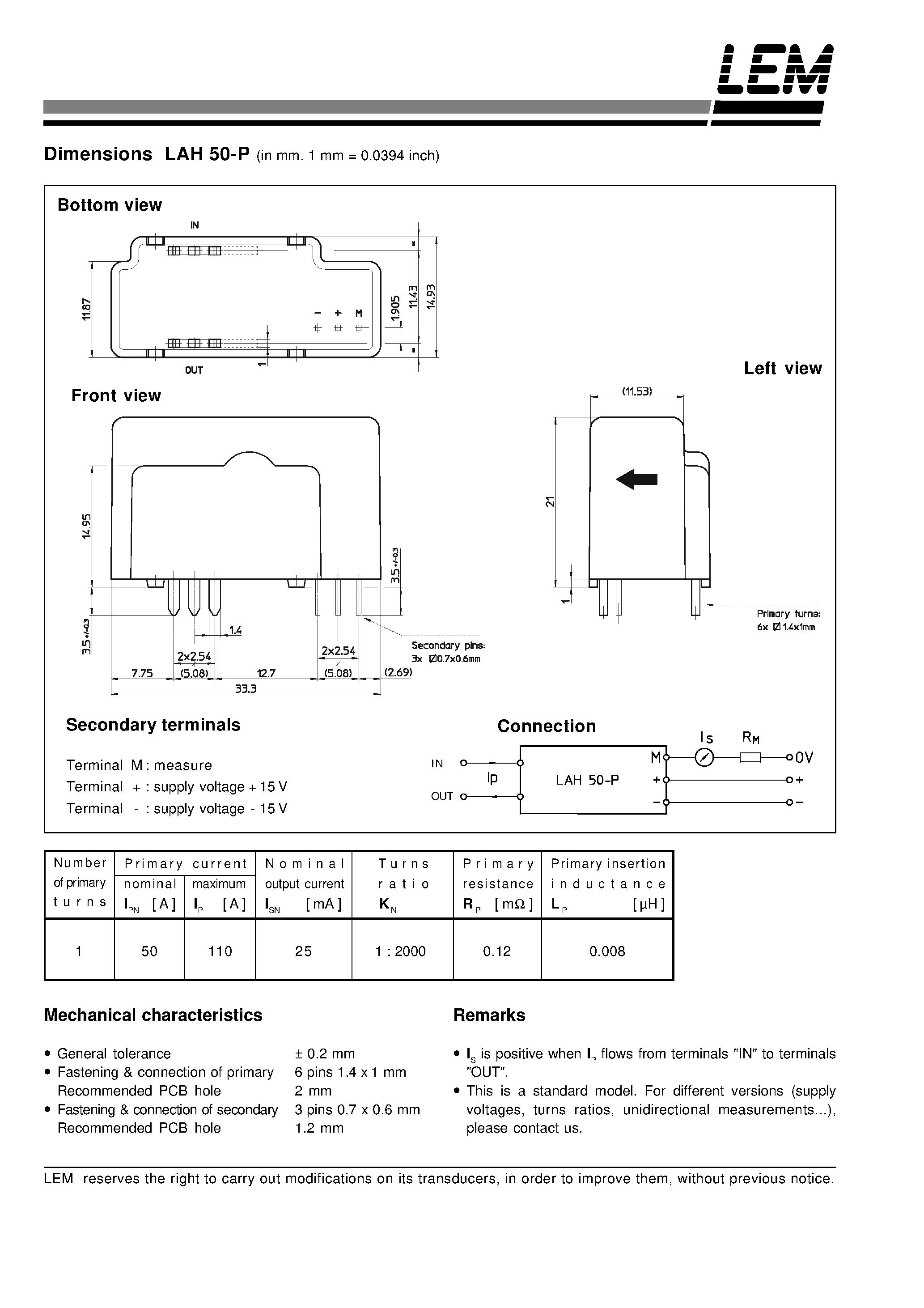 Datasheet LAH50-P - Current Transducer LAH 50-P page 2