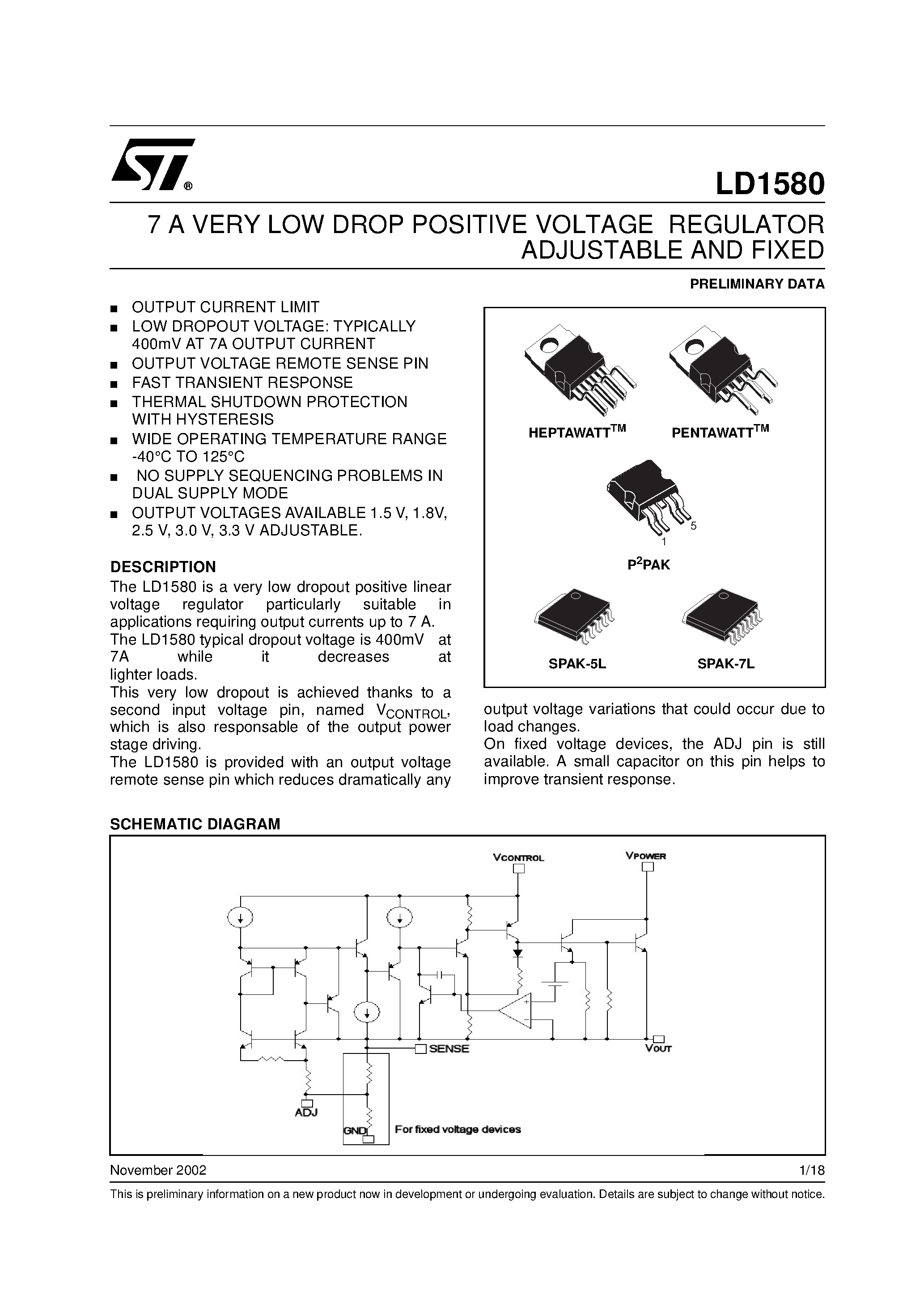 Datasheet LD1580 - 7 A VERY LOW DROP POSITIVE VOLTAGE REGULATOR ADJUSTABLE AND FIXED page 1