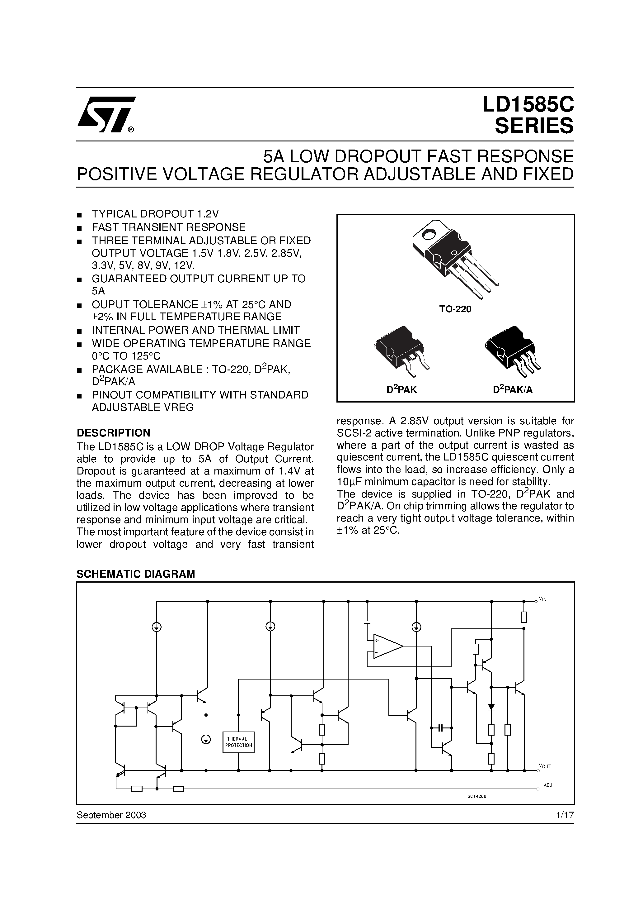 Datasheet LD1585C - 5A LOW DROPOUT FAST RESPONSE POSITIVE VOLTAGE REGULATOR ADJUSTABLE AND FIXED page 1