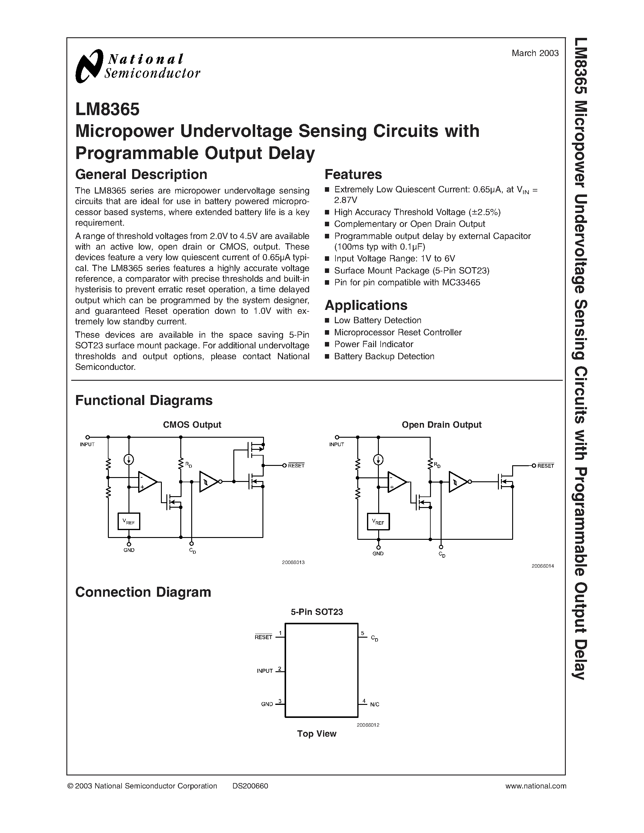 Datasheet LM8365 - Micropower Undervoltage Sensing Circuits with Programmable Output Delay page 1