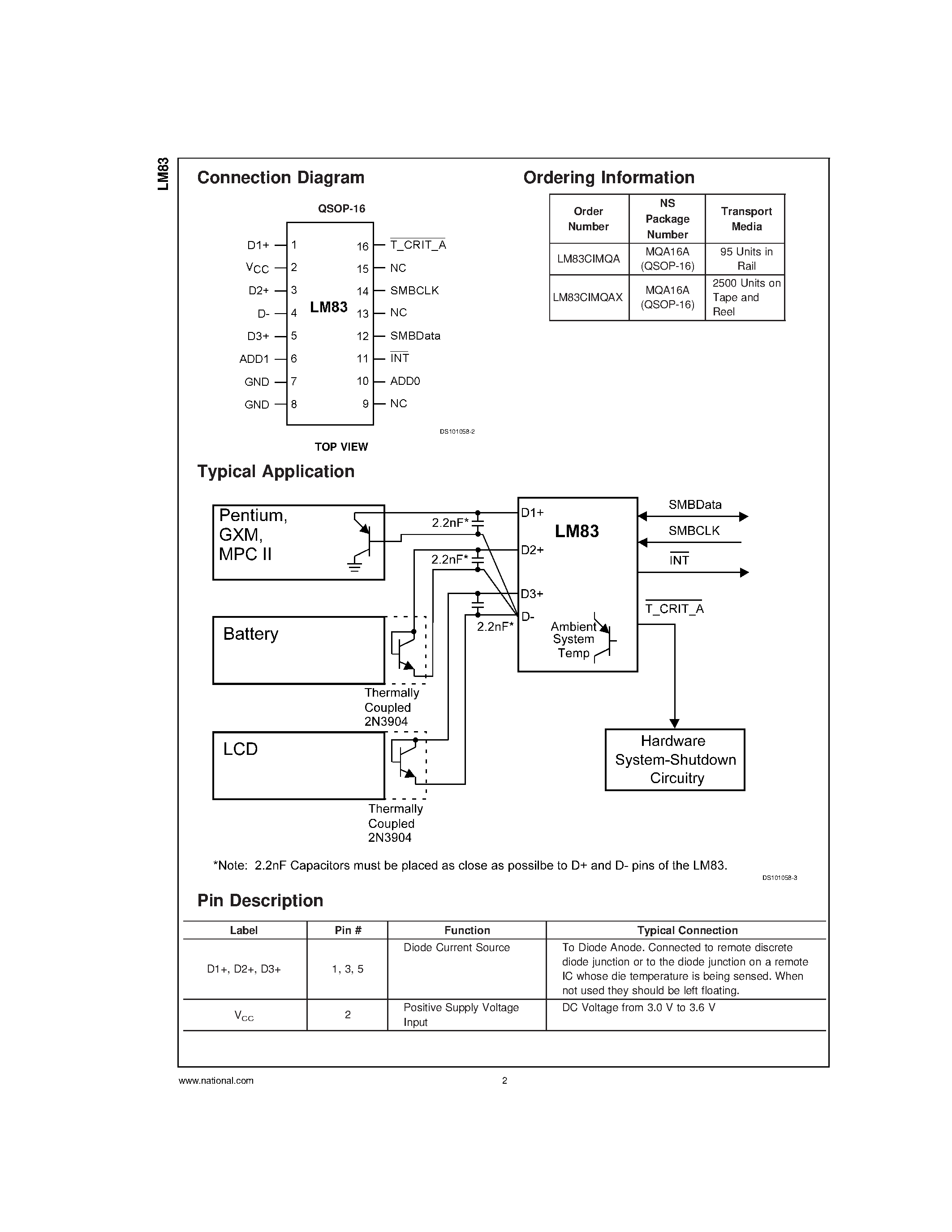 Datasheet LM83CIMQA - Triple-Diode Input and Local Digital Temperature Sensor with Two-Wire Interface page 2