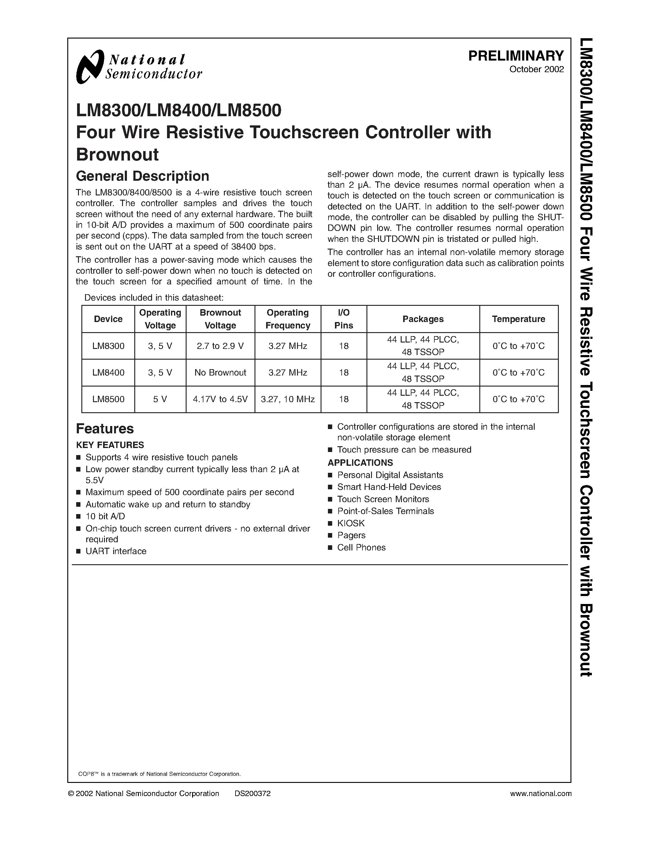 Datasheet LM8400 - Four Wire Resistive Touchscreen Controller with Brownout page 1