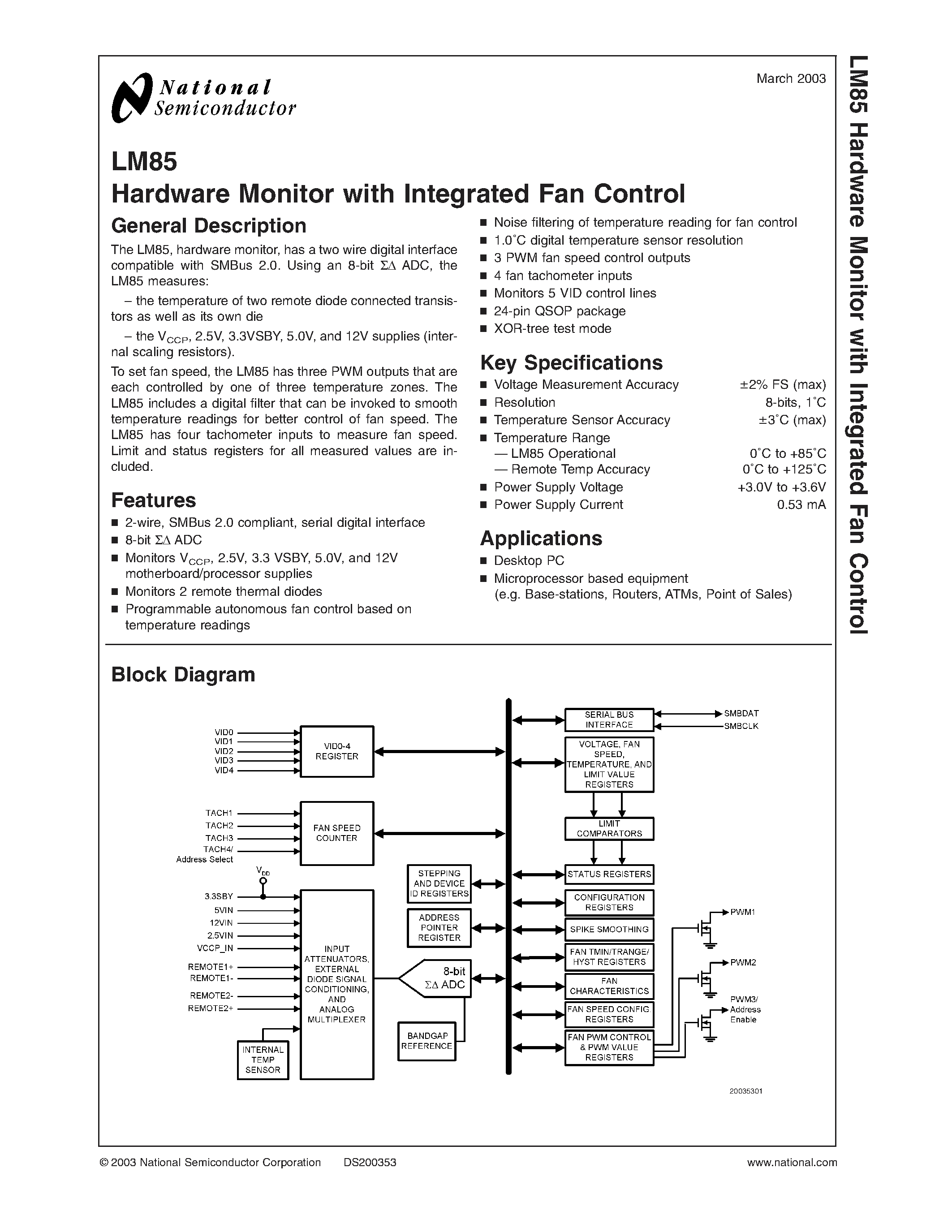 Datasheet LM85 - Hardware Monitor with Integrated Fan Control page 1