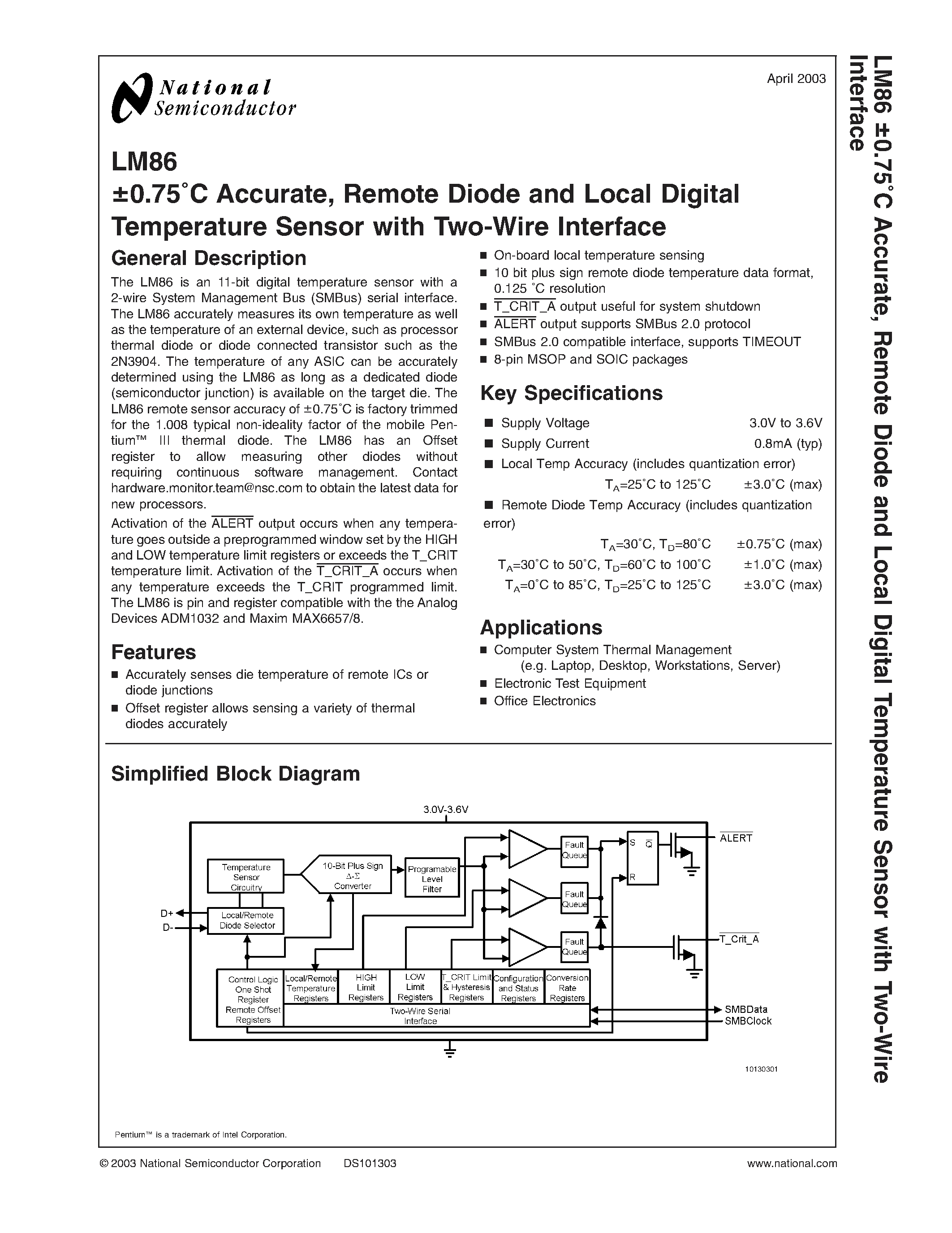 Datasheet LM86 - 0.75C Accurate / Remote Diode and Local Digital Temperature Sensor with Two-Wire Interface page 1