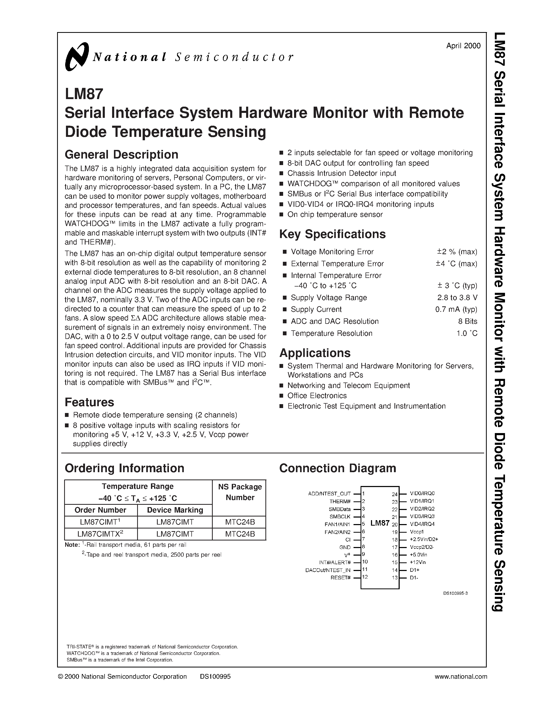 Datasheet LM87 - Serial Interface System Hardware Monitor with Remote Diode Temperature Sensing page 1