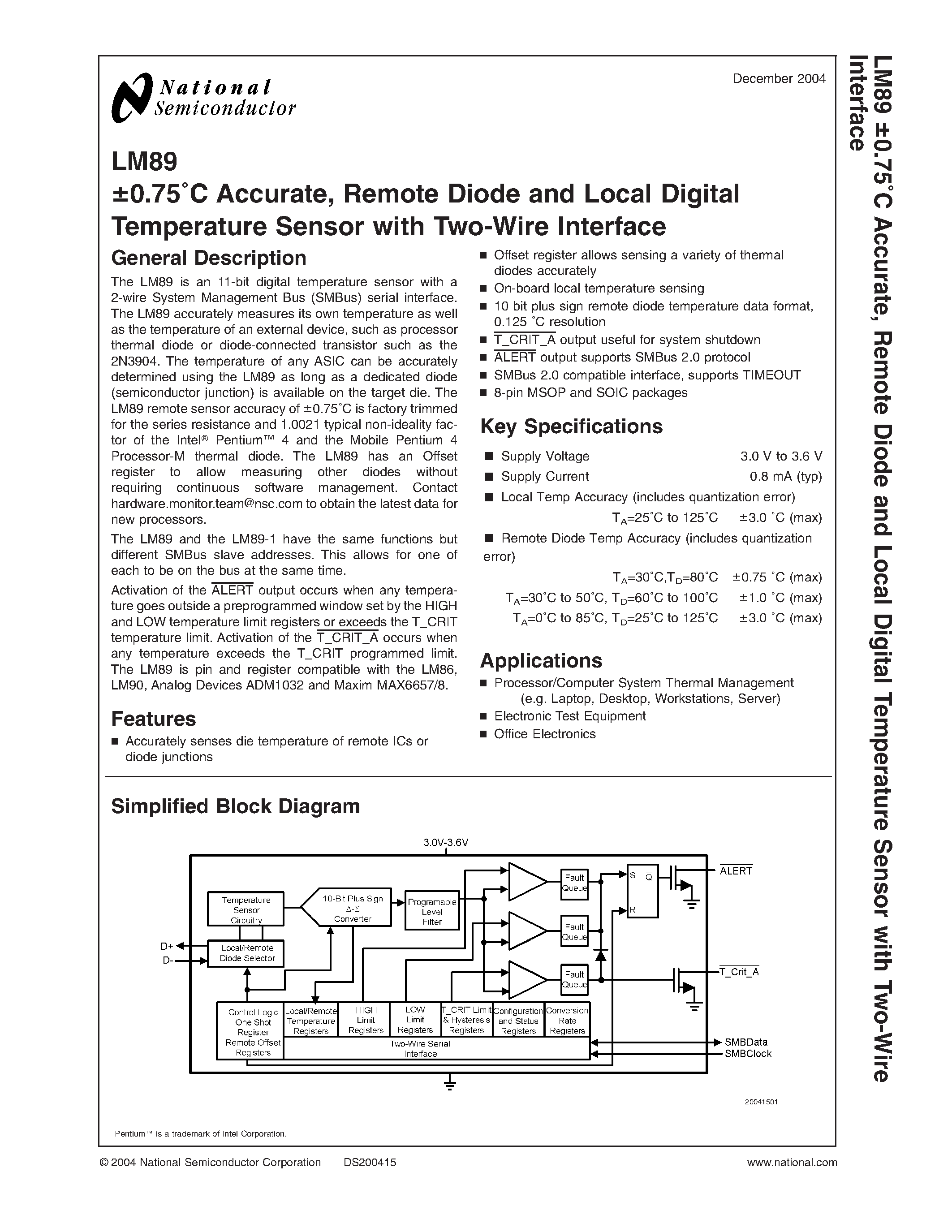 Datasheet LM89 - 0.75C Accurate / Remote Diode and Local Digital Temperature Sensor with Two-Wire Interface page 1