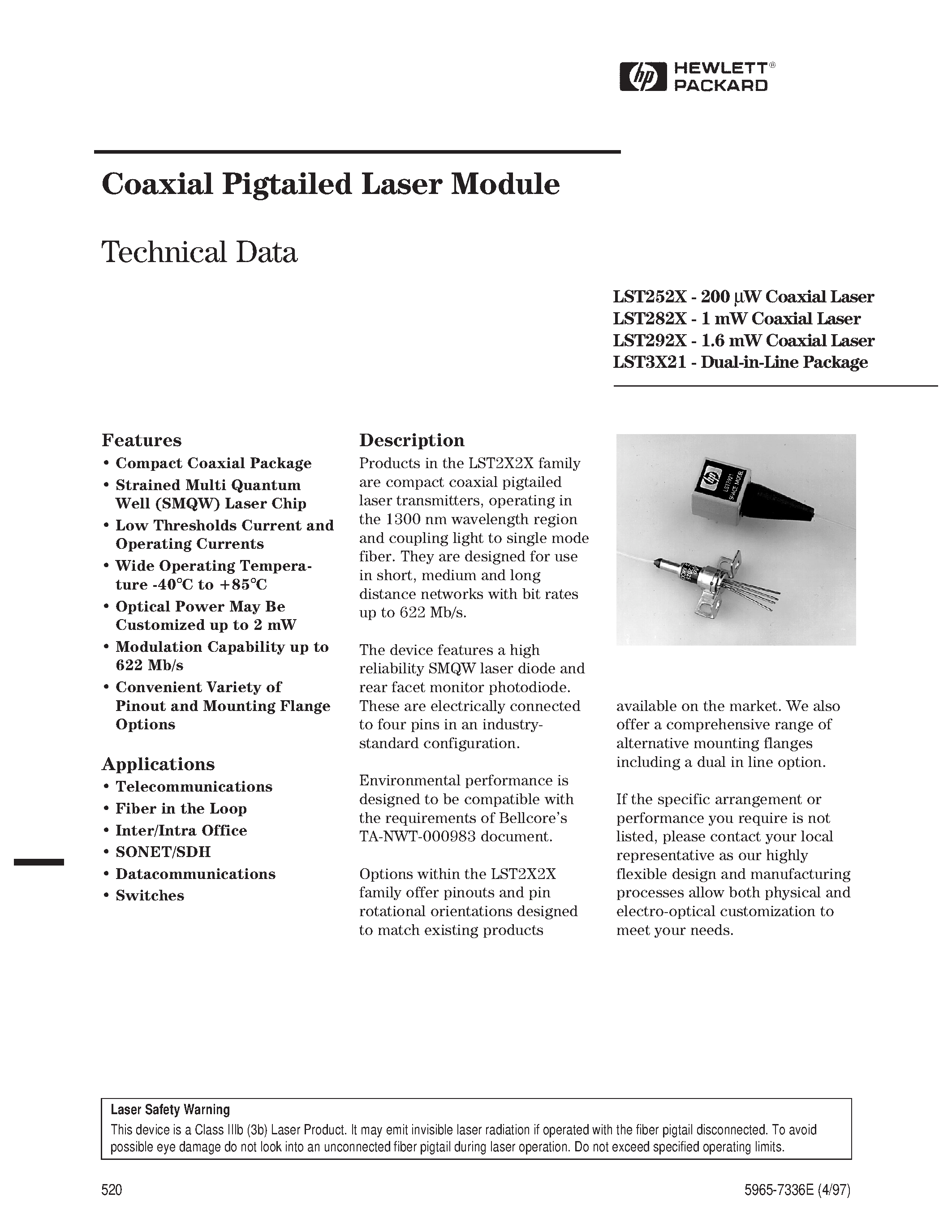 Даташит LST2425A-T-AP - Coaxial Pigtailed Laser Module страница 1